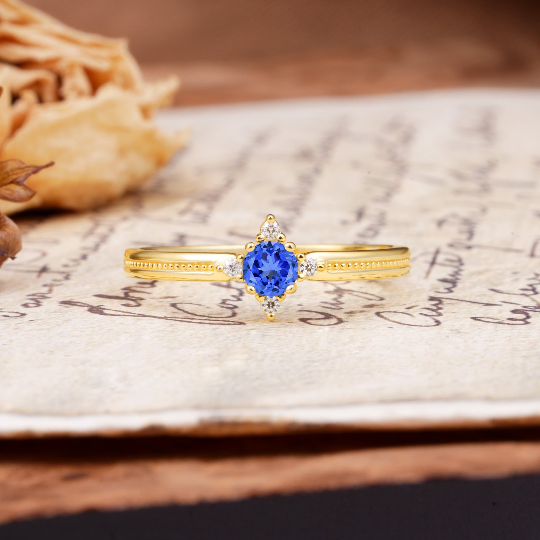 Simple 4-Prong Round Cut Sapphire Side Stone Engagement Ring - Additional view