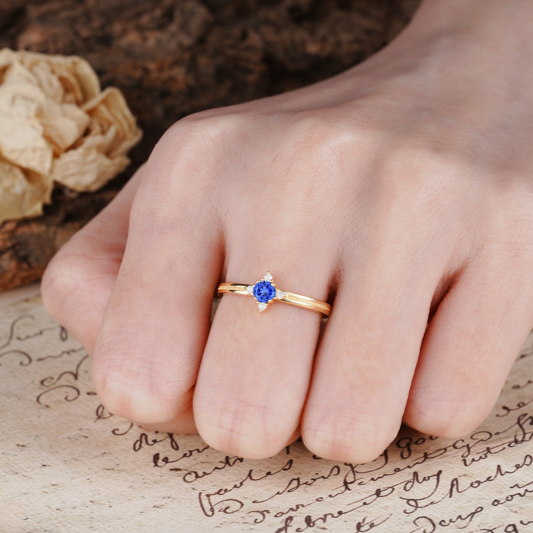 Simple 4-Prong Round Cut Sapphire Side Stone Engagement Ring - Additional view