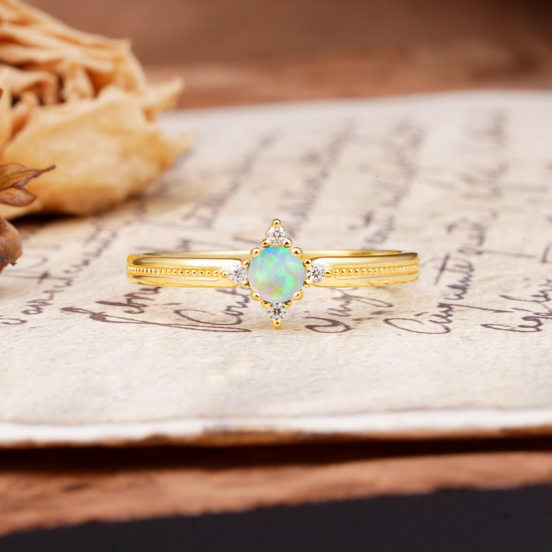 Simple 4-Prong Round Cut Fire Opal Side Stone Engagement Ring - Additional view
