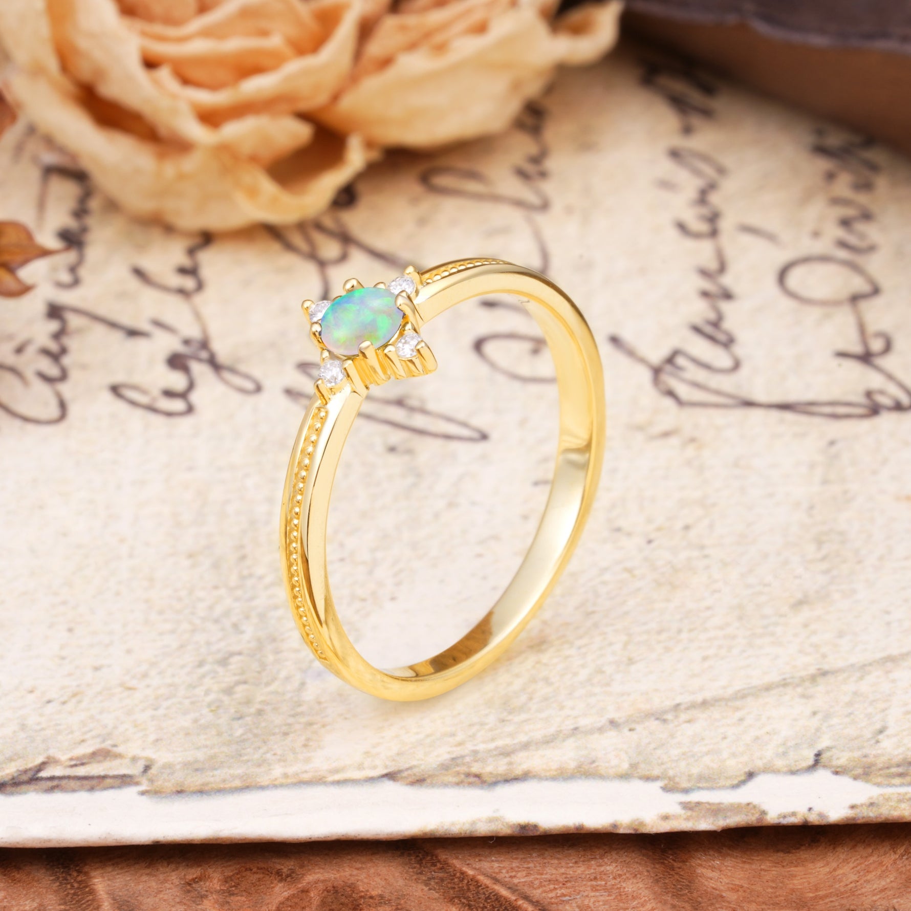 Simple 4-Prong Round Cut Fire Opal Side Stone Engagement Ring - Additional view