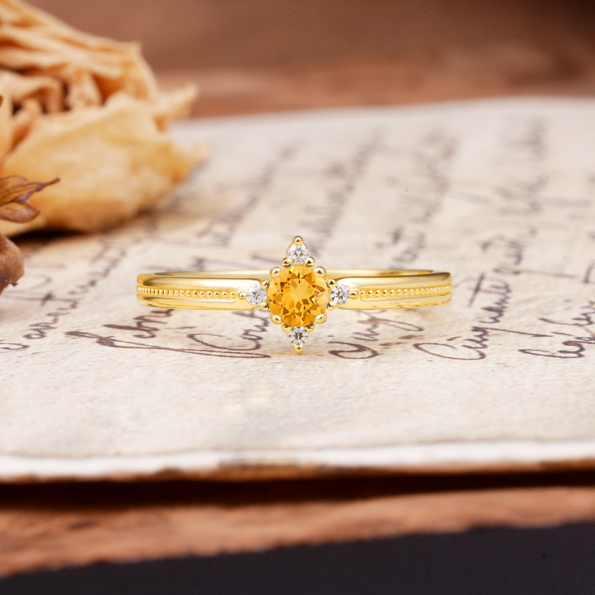 Simple 4-Prong Round Cut Citrine Side Stone Engagement Ring - Additional view