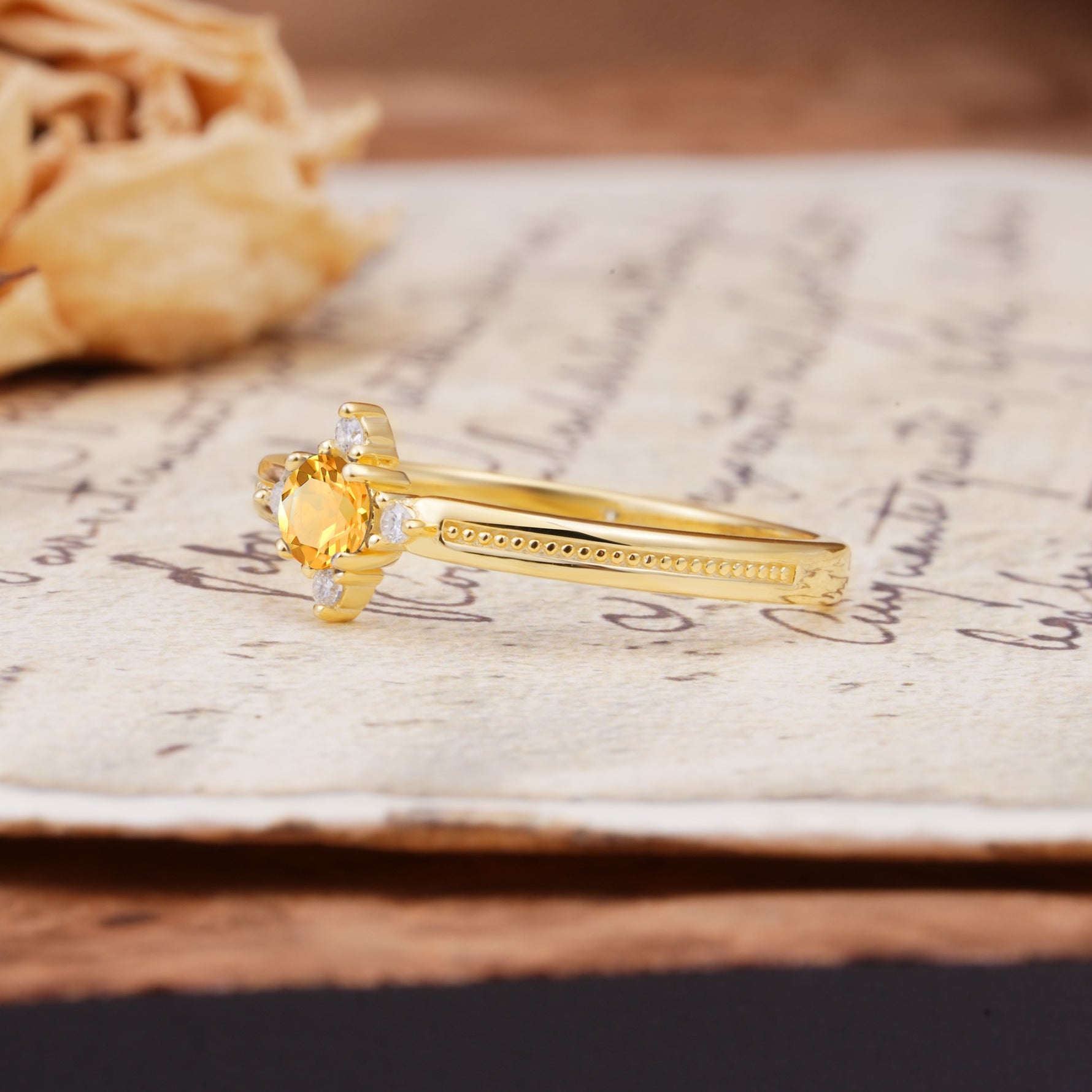 Simple 4-Prong Round Cut Citrine Side Stone Engagement Ring - Additional view