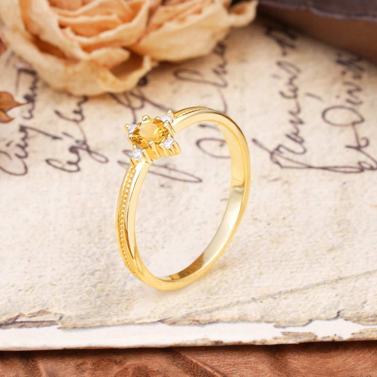Simple 4-Prong Round Cut Citrine Side Stone Engagement Ring - Additional view