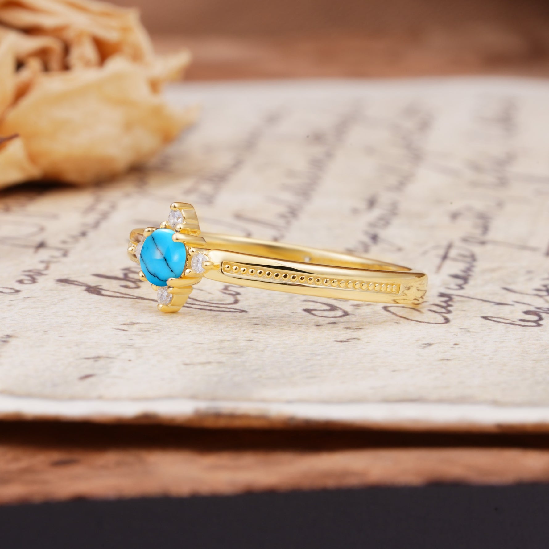Simple 4-Prong Round Cut Turquoise Side Stone Engagement Ring - Additional view
