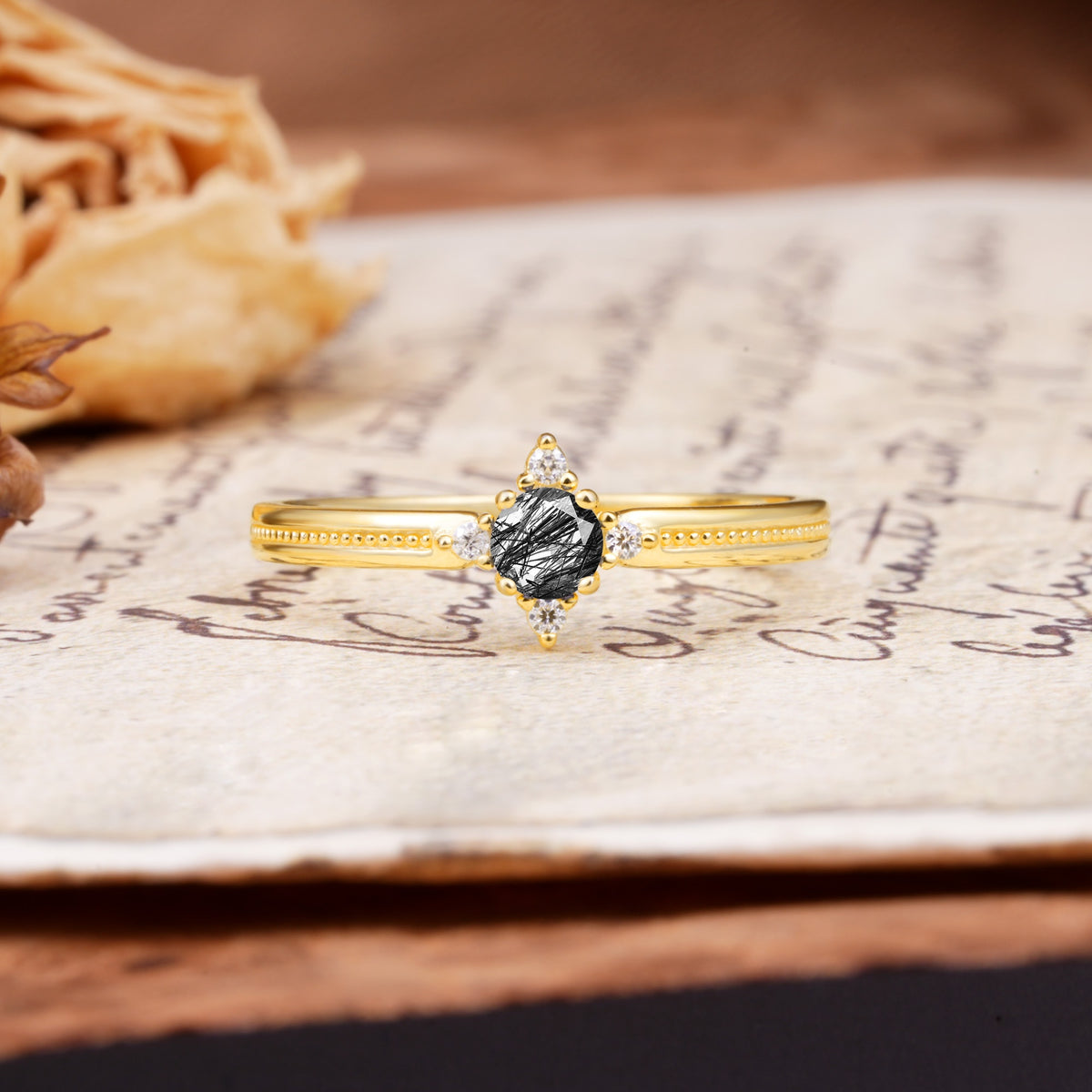 Simple 4-Prong Round Cut Black Rutilated Quartz Side Stone Engagement Ring - Additional view