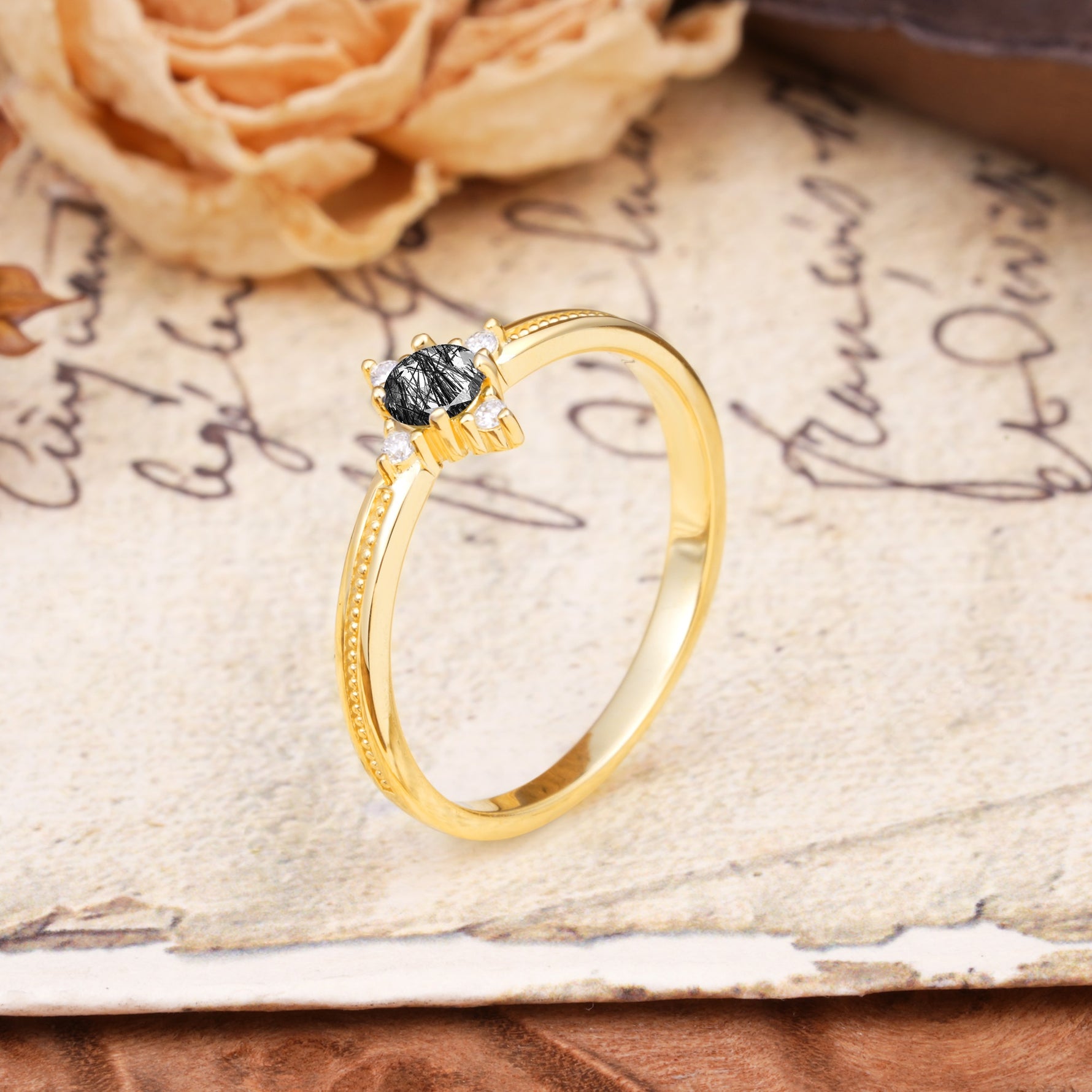 Simple 4-Prong Round Cut Black Rutilated Quartz Side Stone Engagement Ring - Additional view
