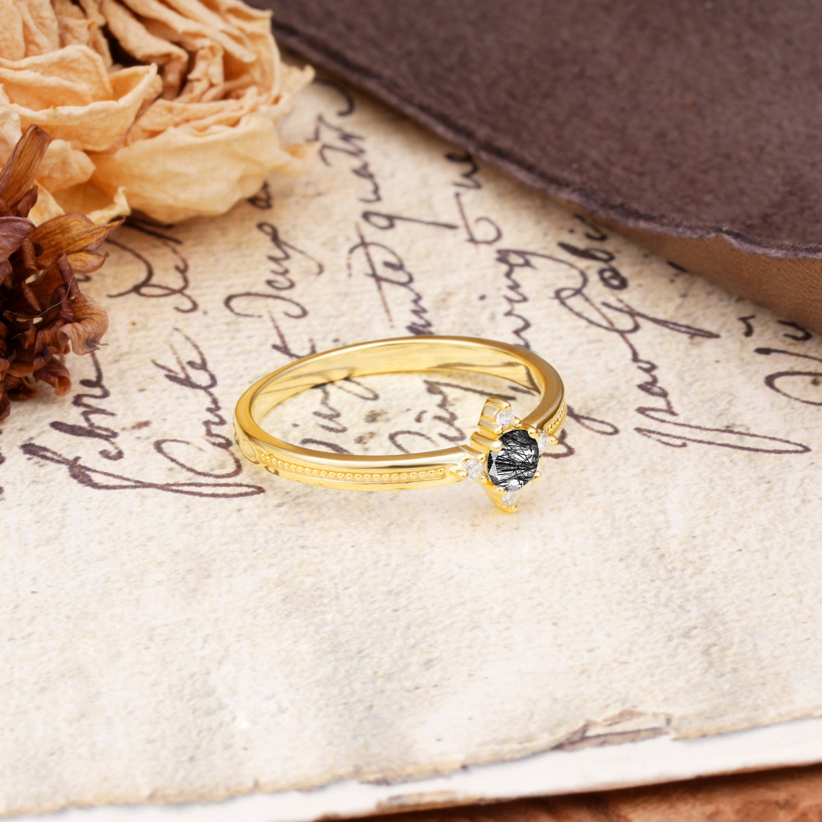 Simple 4-Prong Round Cut Black Rutilated Quartz Side Stone Engagement Ring - Additional view