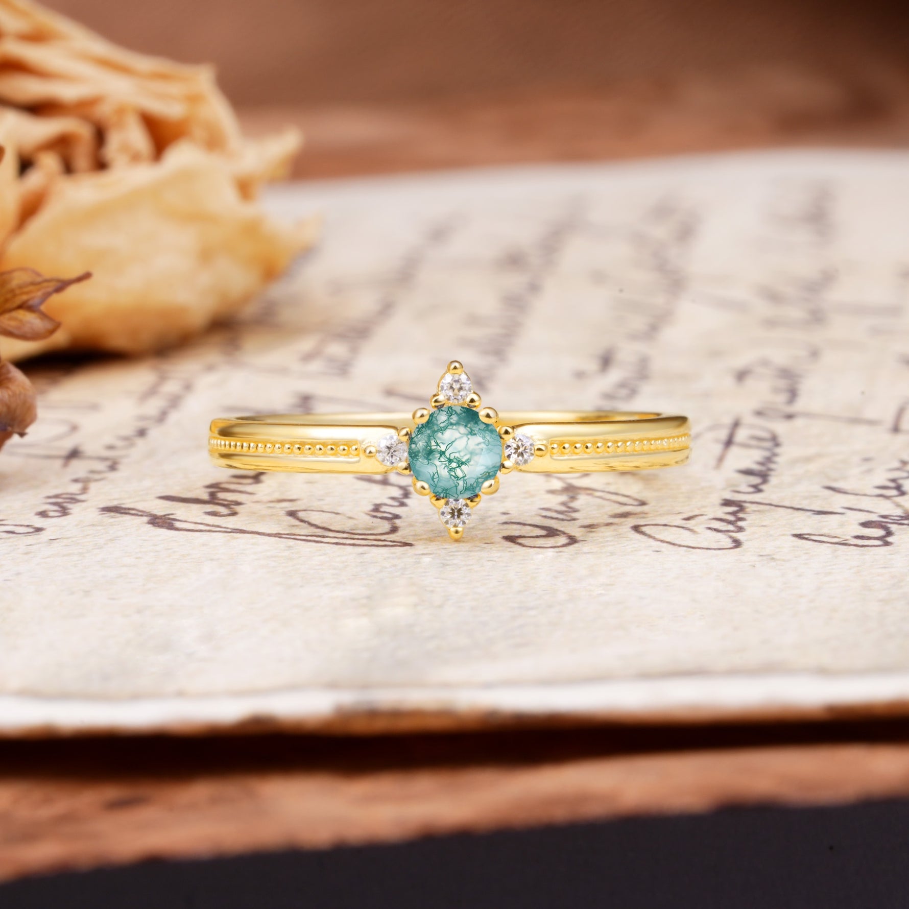 Simple 4-Prong Round Cut Moss Agate Side Stone Engagement Ring - Additional view