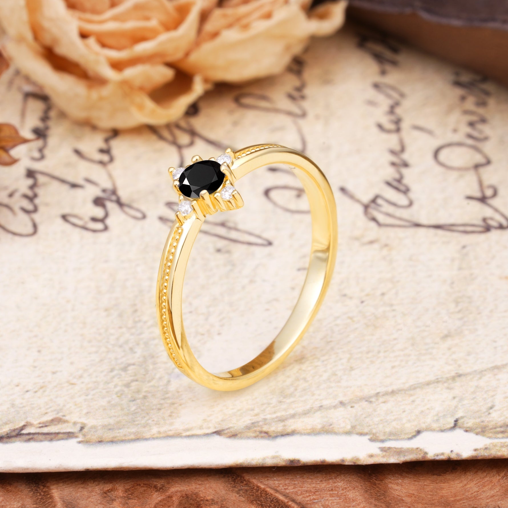 Simple 4-Prong Round Cut Black Onyx Side Stone Engagement Ring - Additional view