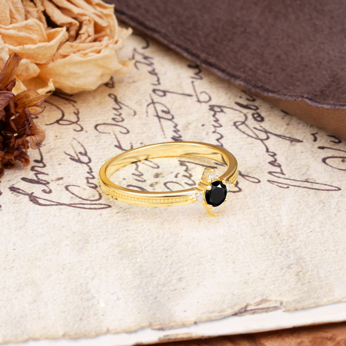 Simple 4-Prong Round Cut Black Onyx Side Stone Engagement Ring - Additional view