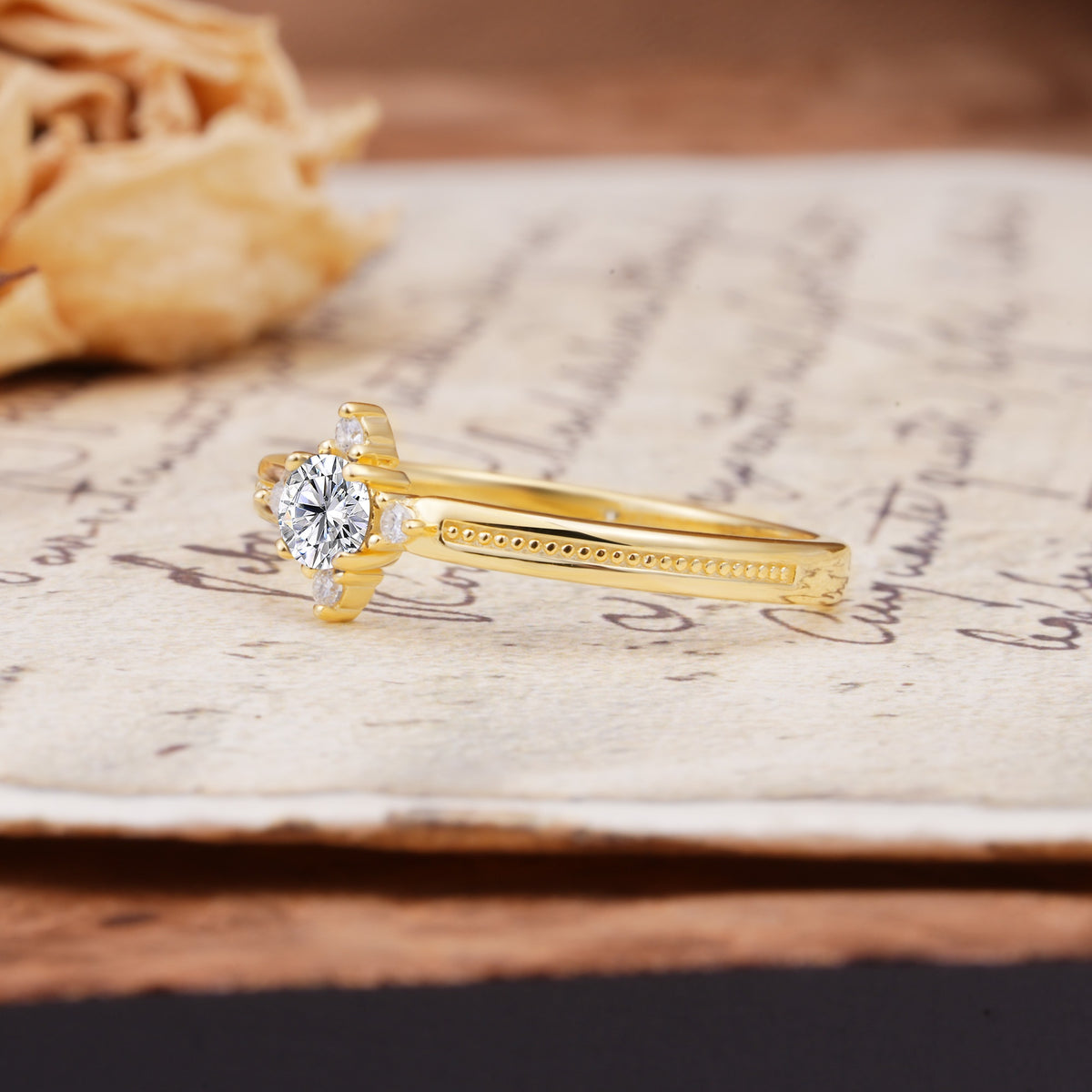 Simple 4-Prong Round Cut Lab Diamond Side Stone Engagement Ring - Additional view