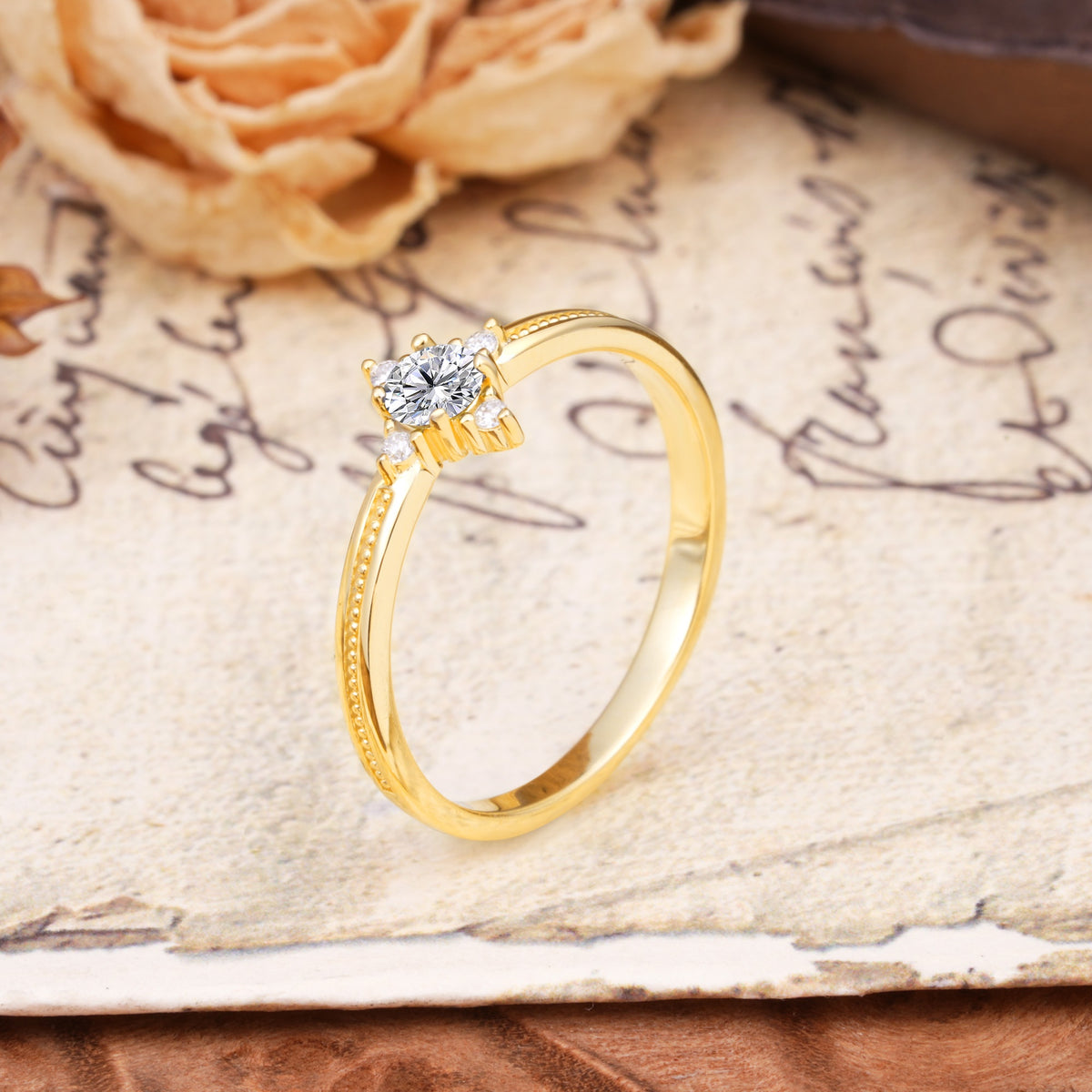 Simple 4-Prong Round Cut Lab Diamond Side Stone Engagement Ring - Additional view