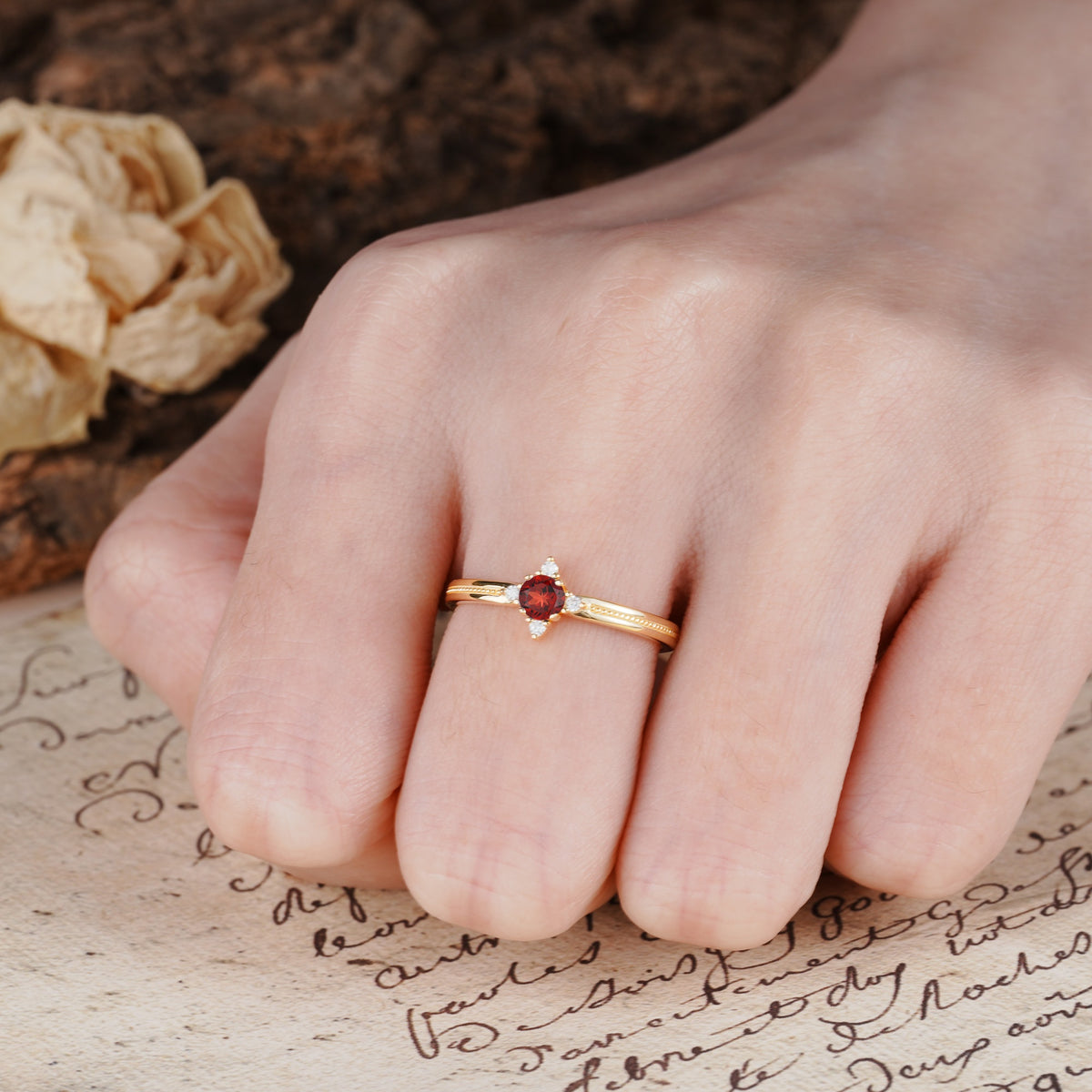Simple 4-Prong Round Cut Garnet Side Stone Engagement Ring - Additional view