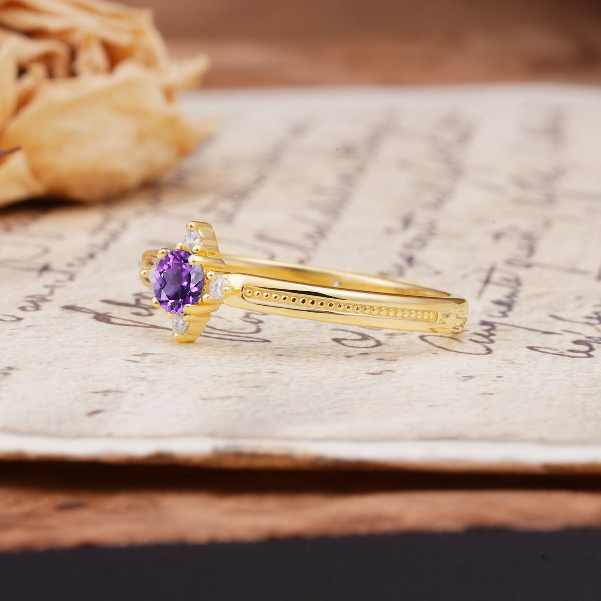 Simple 4-Prong Round Cut Amethyst Side Stone Engagement Ring - Additional view