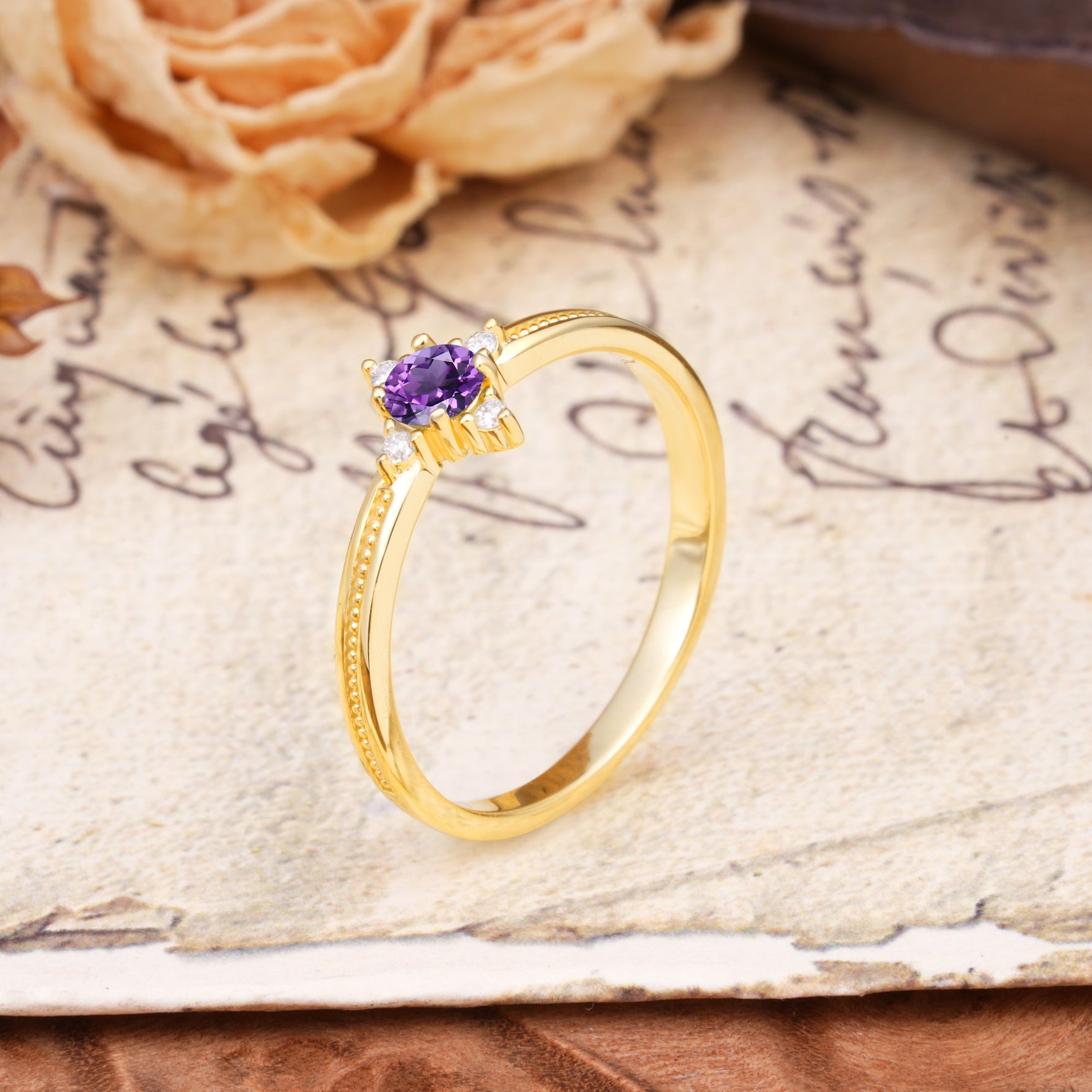 Simple 4-Prong Round Cut Amethyst Side Stone Engagement Ring - Additional view