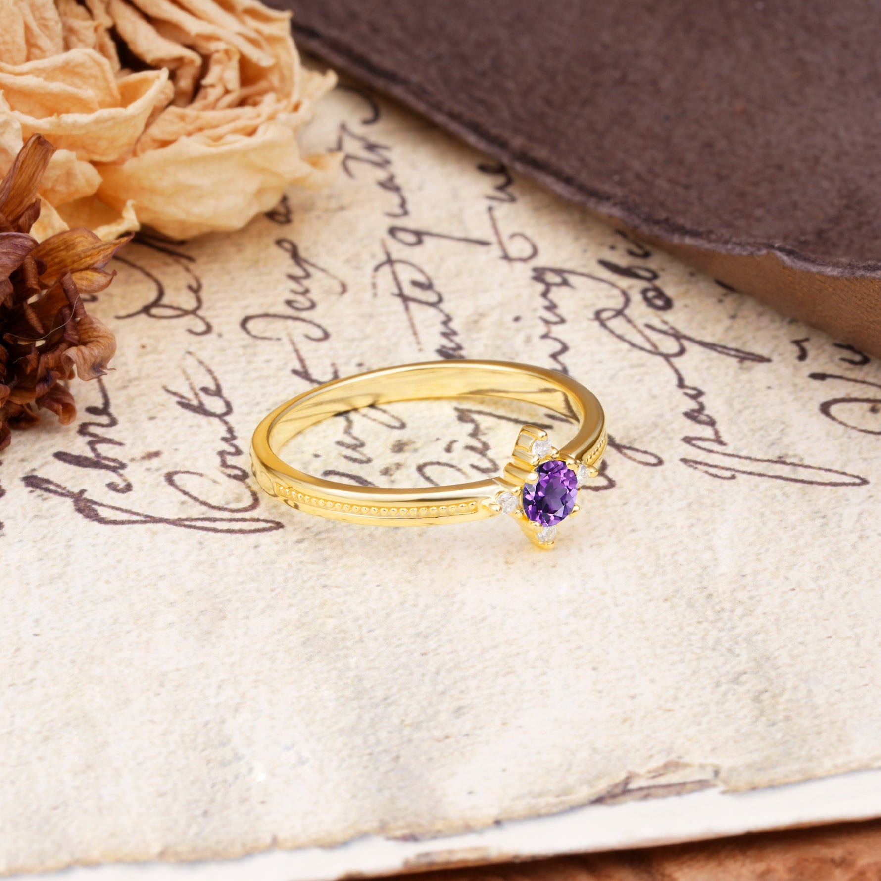 Simple 4-Prong Round Cut Amethyst Side Stone Engagement Ring - Additional view