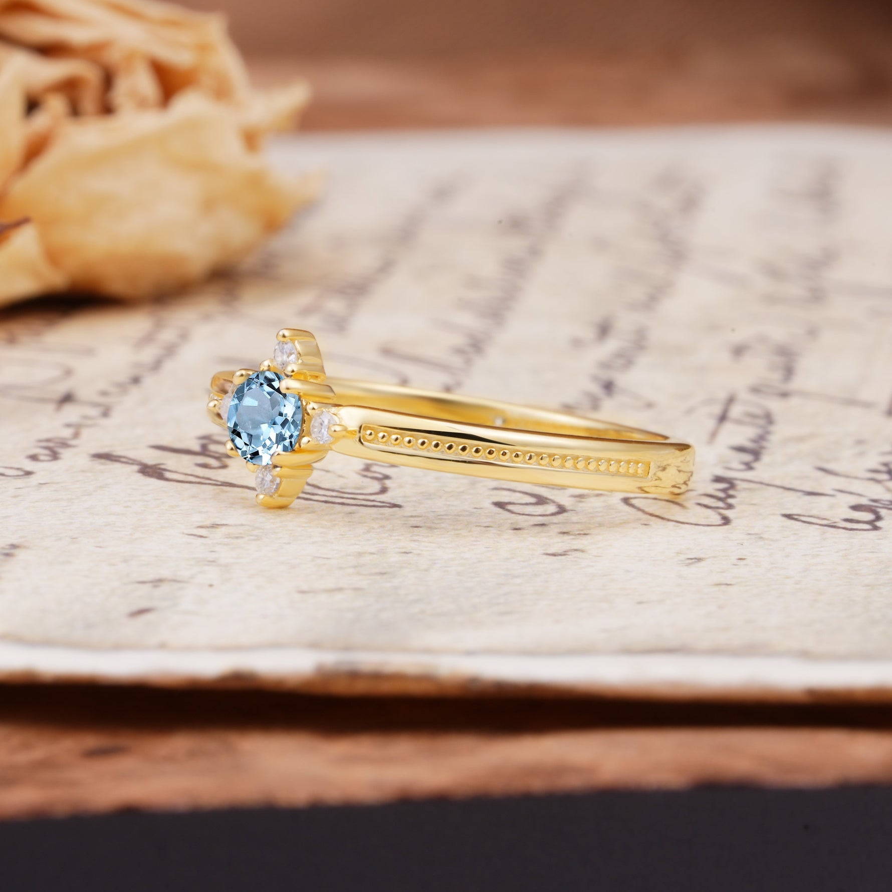 Simple 4-Prong Round Cut Aquamarine Side Stone Engagement Ring - Additional view