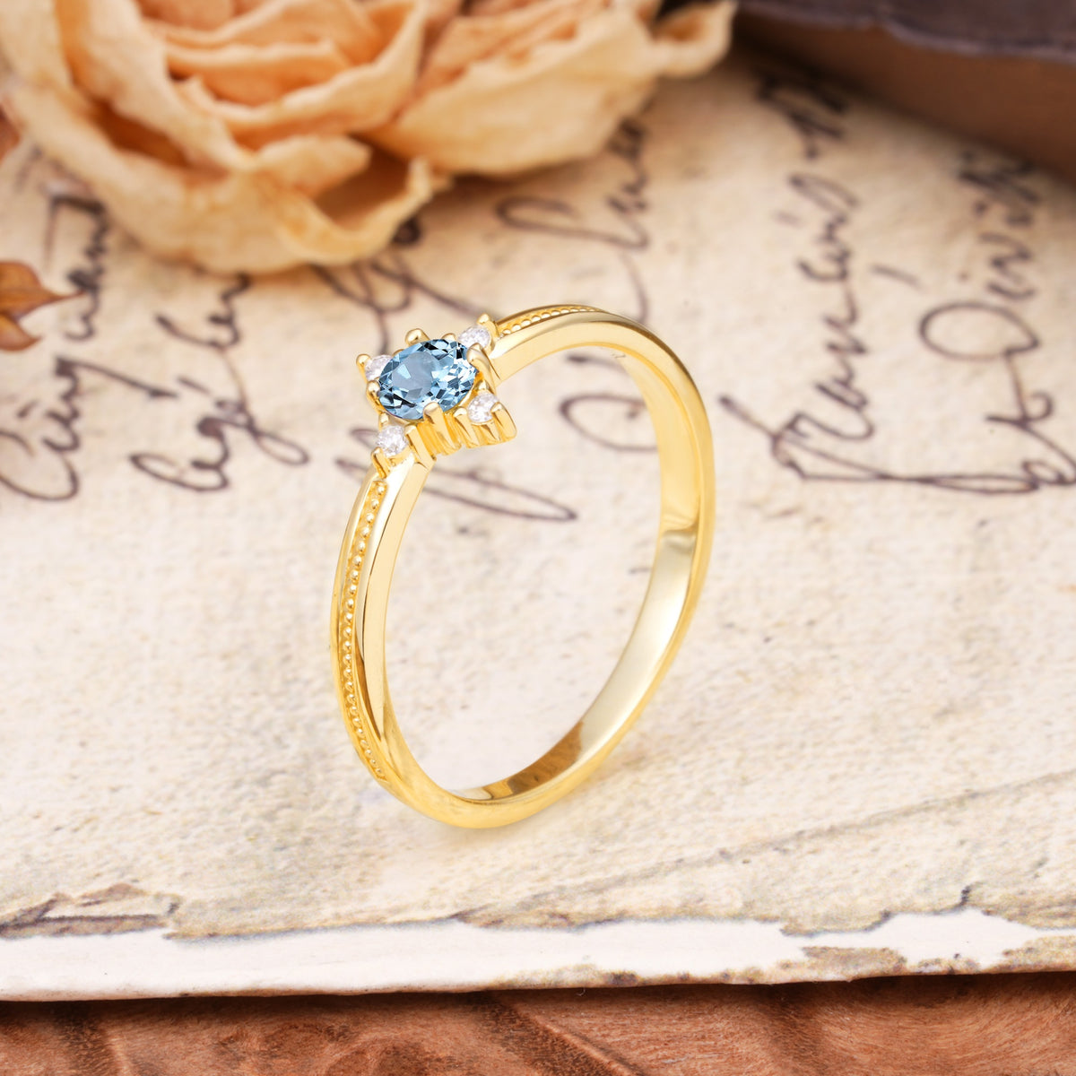 Simple 4-Prong Round Cut Aquamarine Side Stone Engagement Ring - Additional view