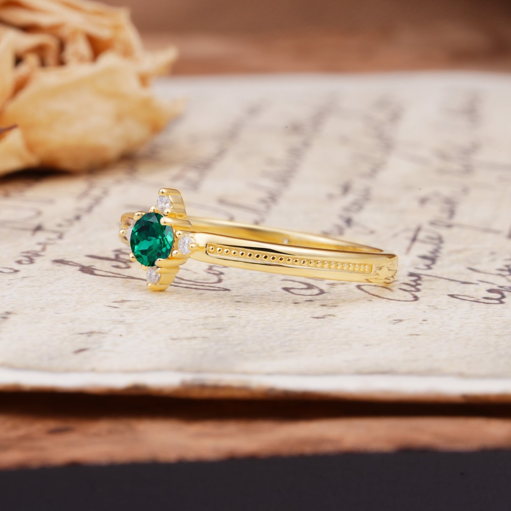 Simple 4-Prong Round Cut Emerald Side Stone Engagement Ring - Additional view