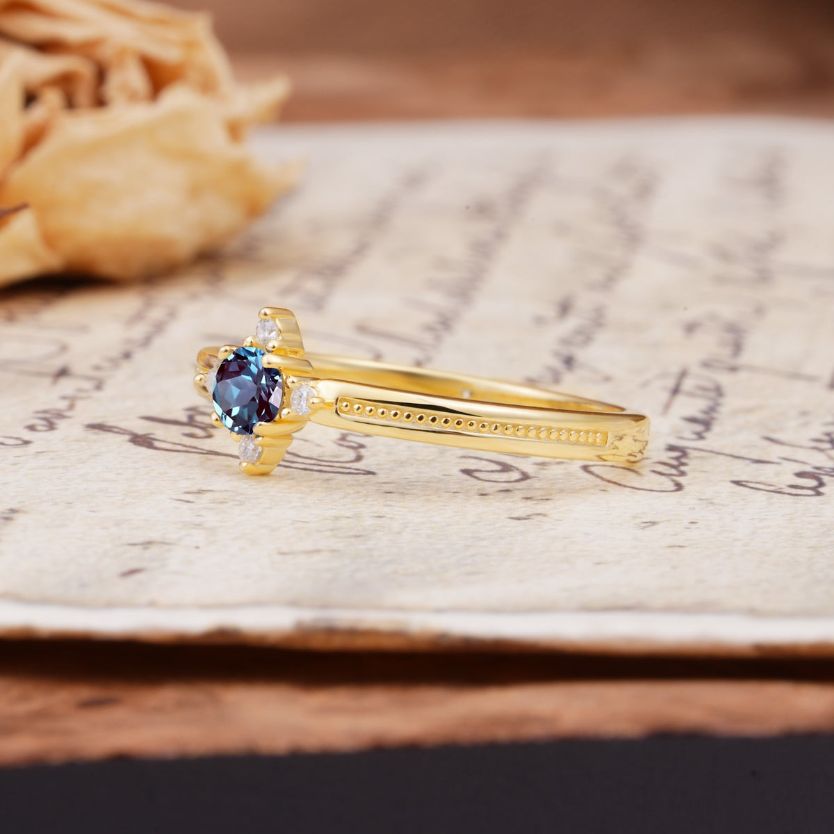 Simple 4-Prong Round Cut Alexandrite Side Stone Engagement Ring - Additional view