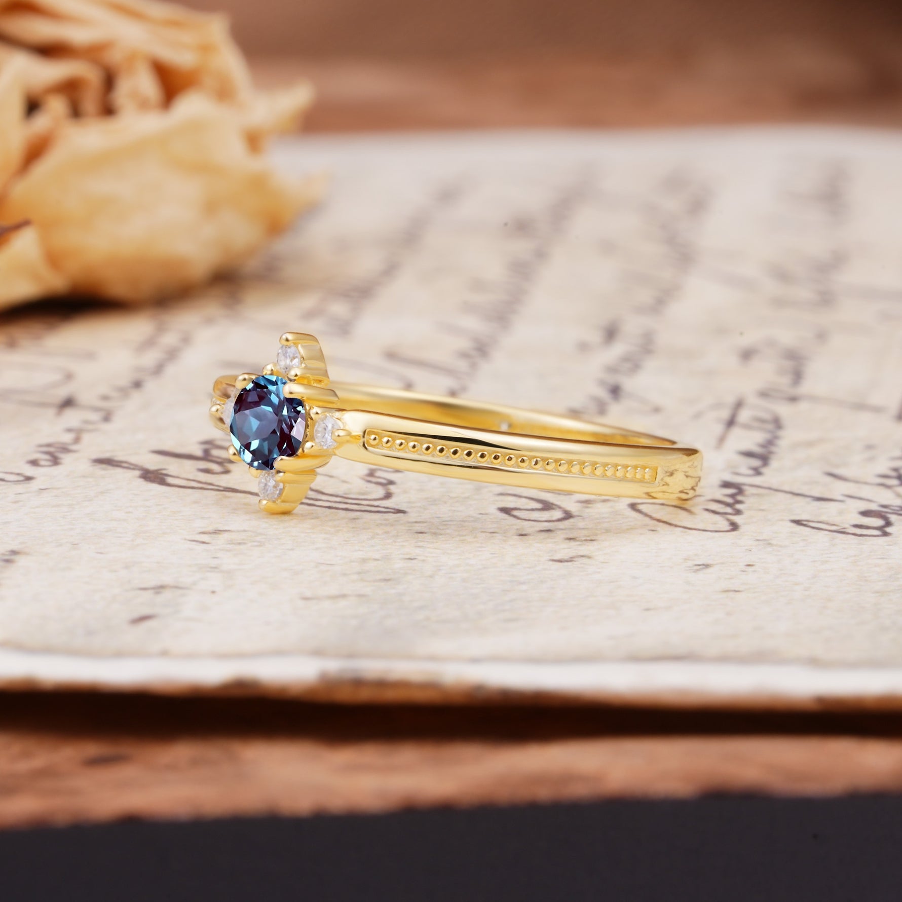 Simple 4-Prong Round Cut Alexandrite Side Stone Engagement Ring - Additional view