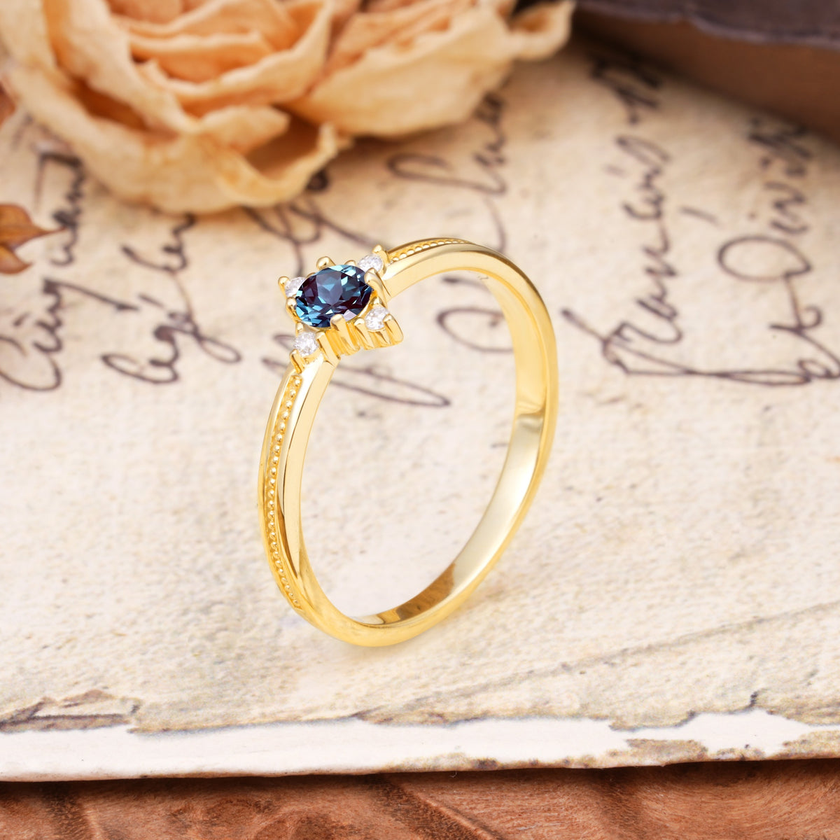 Simple 4-Prong Round Cut Alexandrite Side Stone Engagement Ring - Additional view