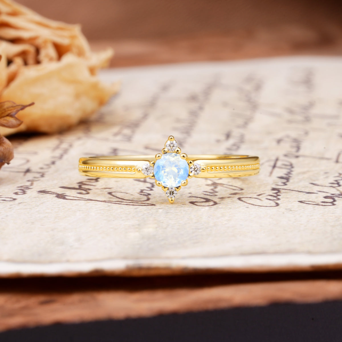 Simple 4-Prong Round Cut Moonstone Side Stone Engagement Ring - Additional view