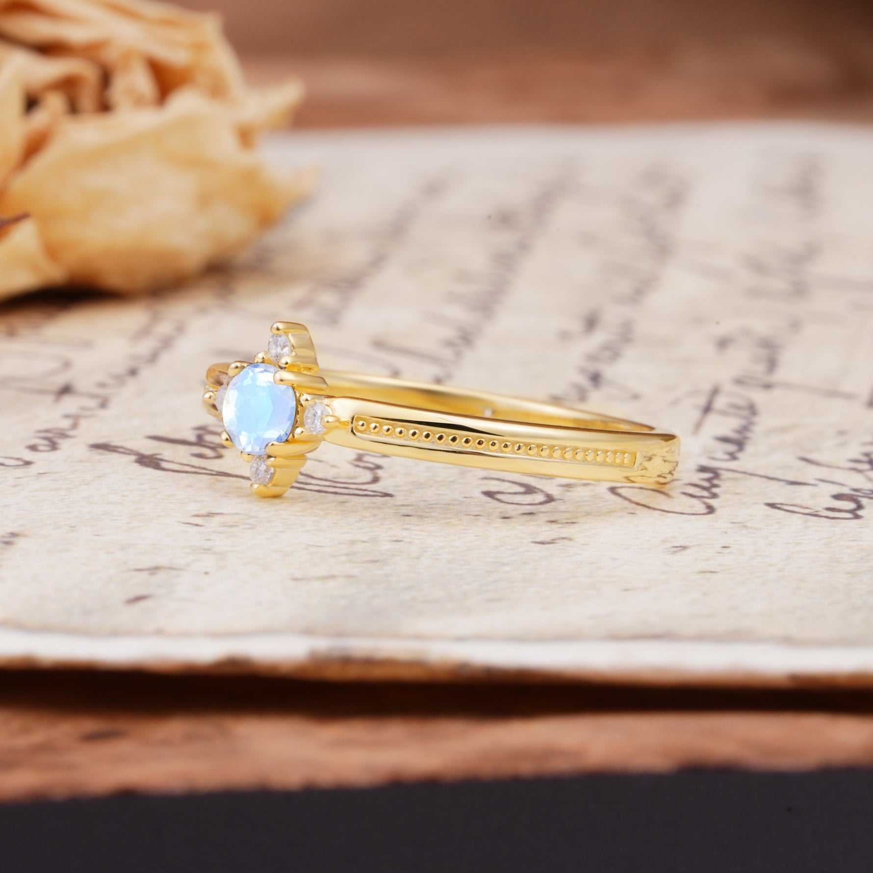 Simple 4-Prong Round Cut Moonstone Side Stone Engagement Ring - Additional view