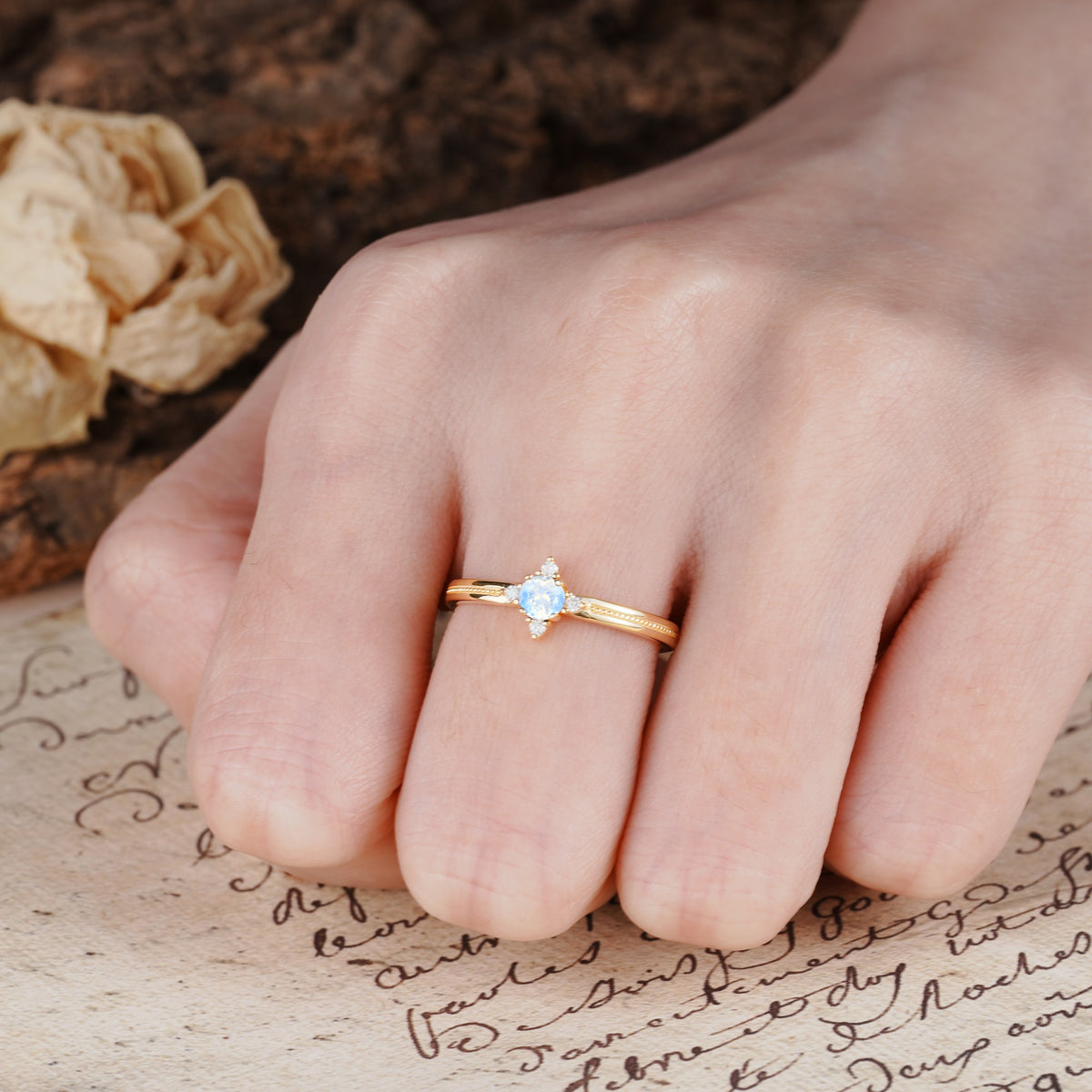 Simple 4-Prong Round Cut Moonstone Side Stone Engagement Ring - Additional view