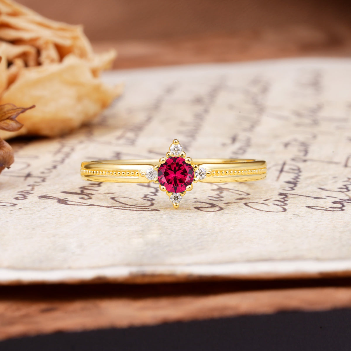Simple 4-Prong Round Cut Ruby Side Stone Engagement Ring - Additional view