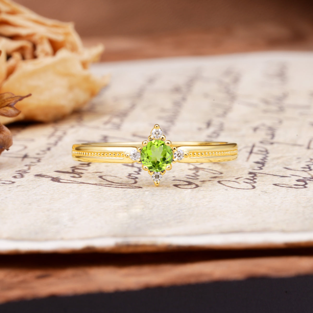 Simple 4-Prong Round Cut Peridot Side Stone Engagement Ring - Additional view