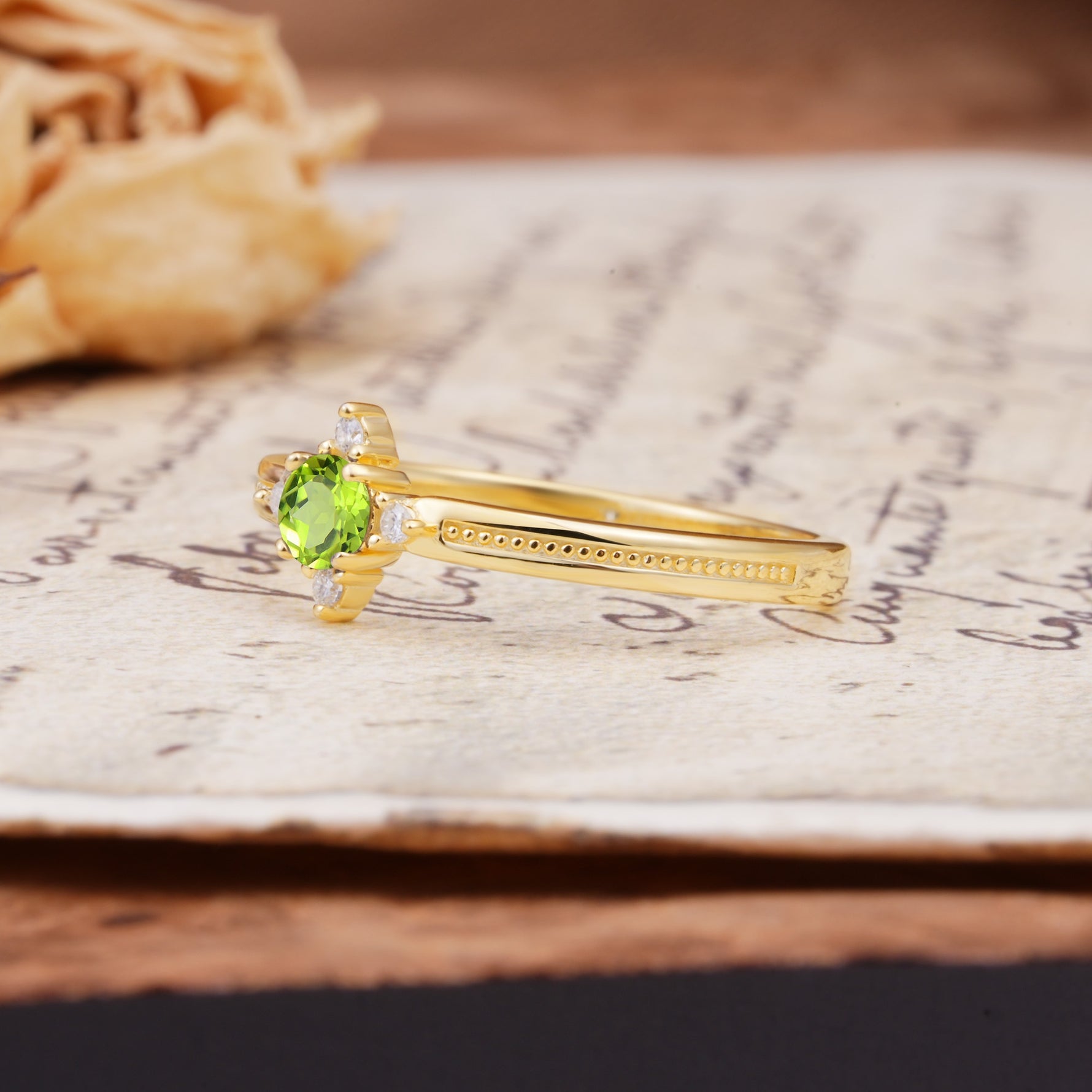 Simple 4-Prong Round Cut Peridot Side Stone Engagement Ring - Additional view