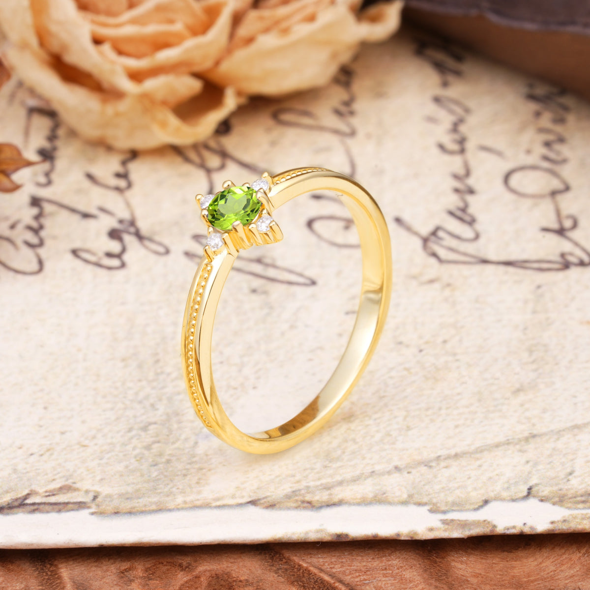 Simple 4-Prong Round Cut Peridot Side Stone Engagement Ring - Additional view
