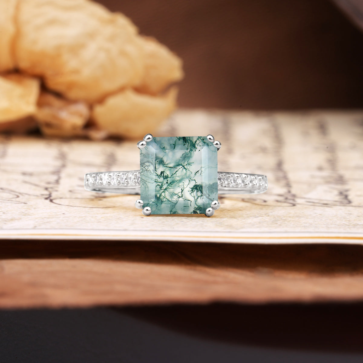Classic 8-Prong Princess Cut Moss Agate Engagement Ring - Additional view