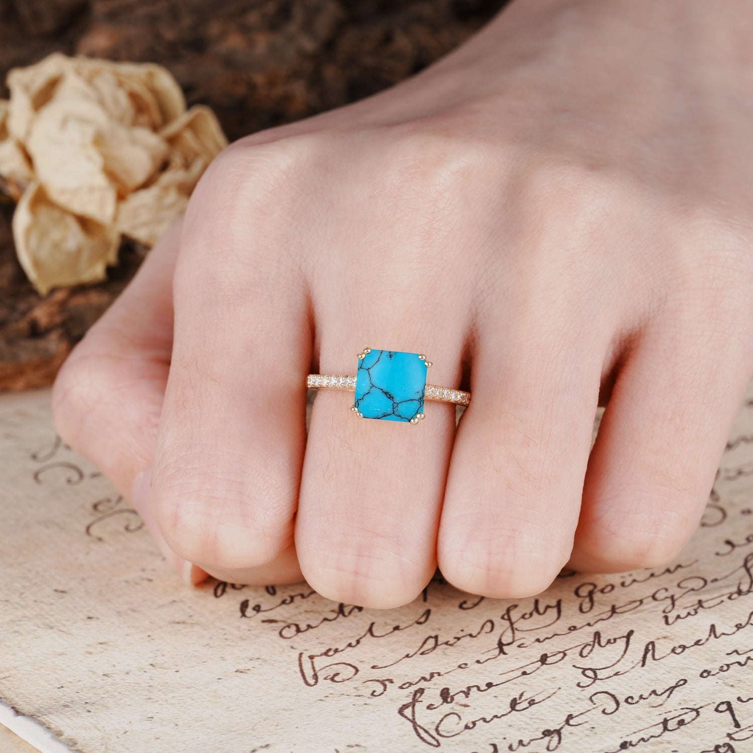 Classic 8-Prong Princess Cut Turquoise Engagement Ring - Additional view