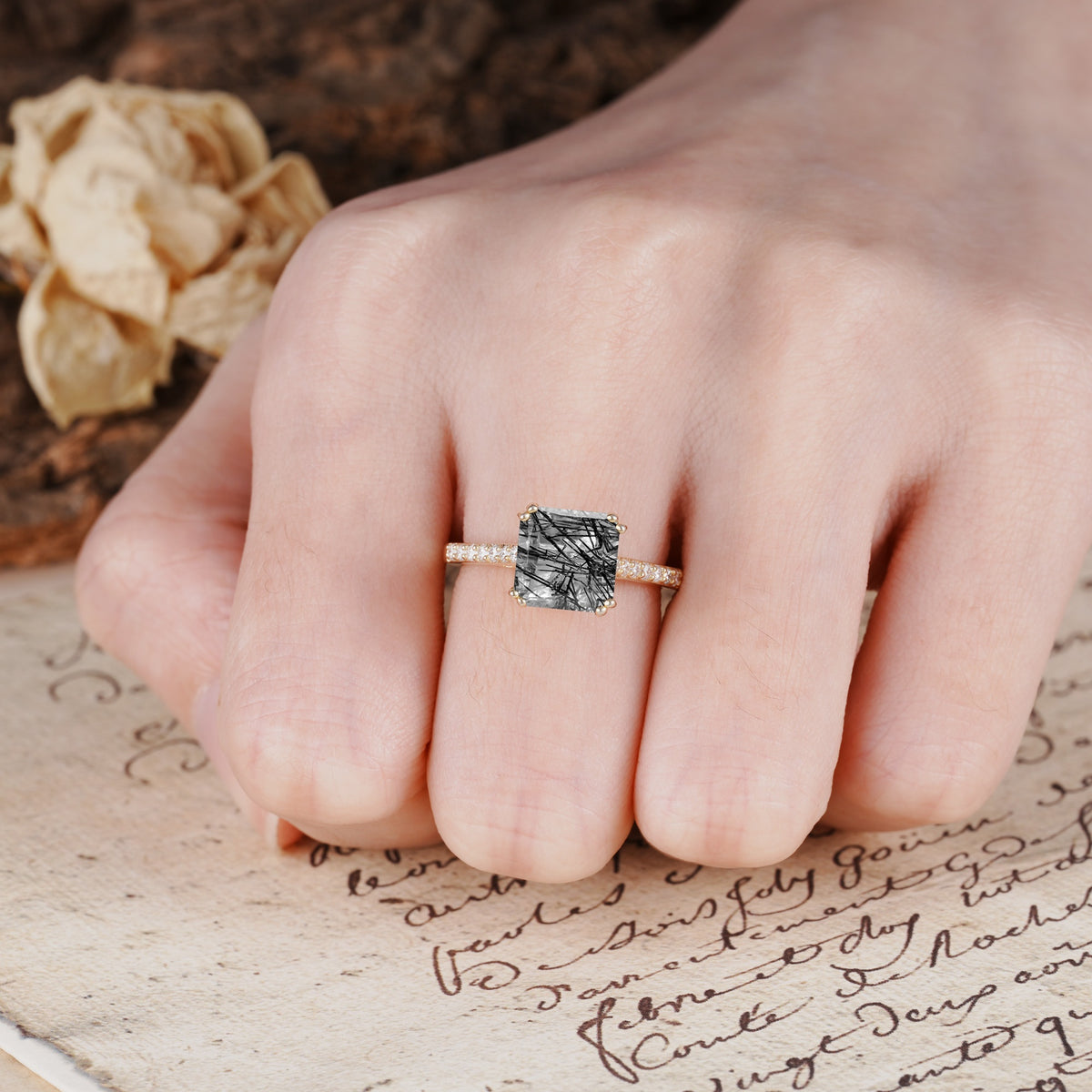 Classic 8-Prong Princess Cut Black Rutilated Quartz Engagement Ring - Additional view