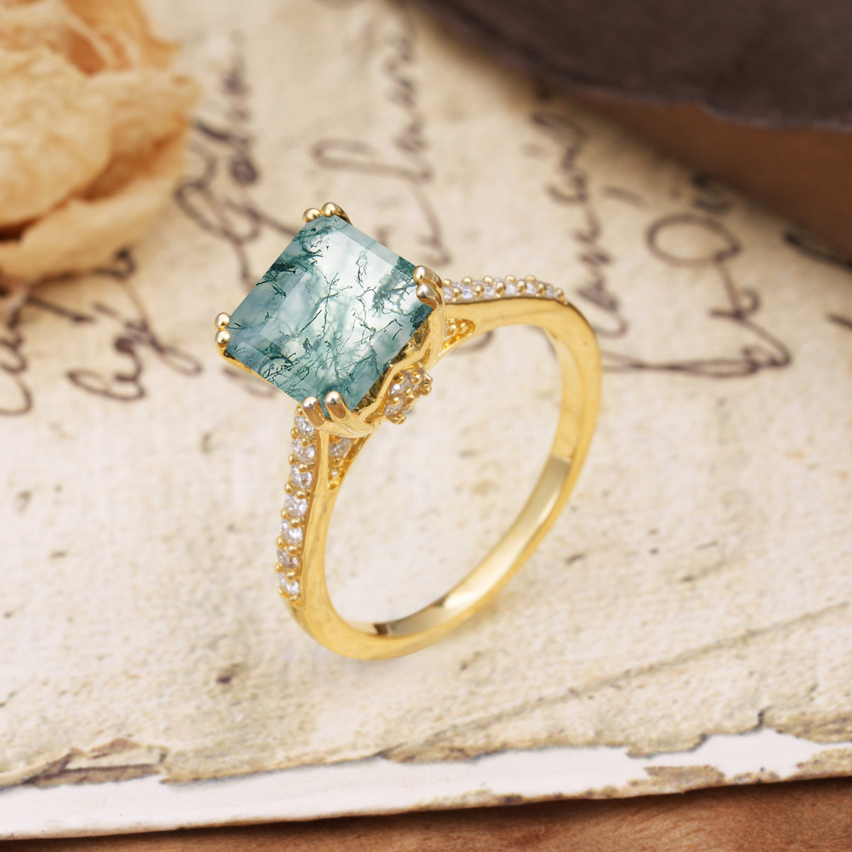 Classic 8-Prong Princess Cut Moss Agate Engagement Ring - Additional view