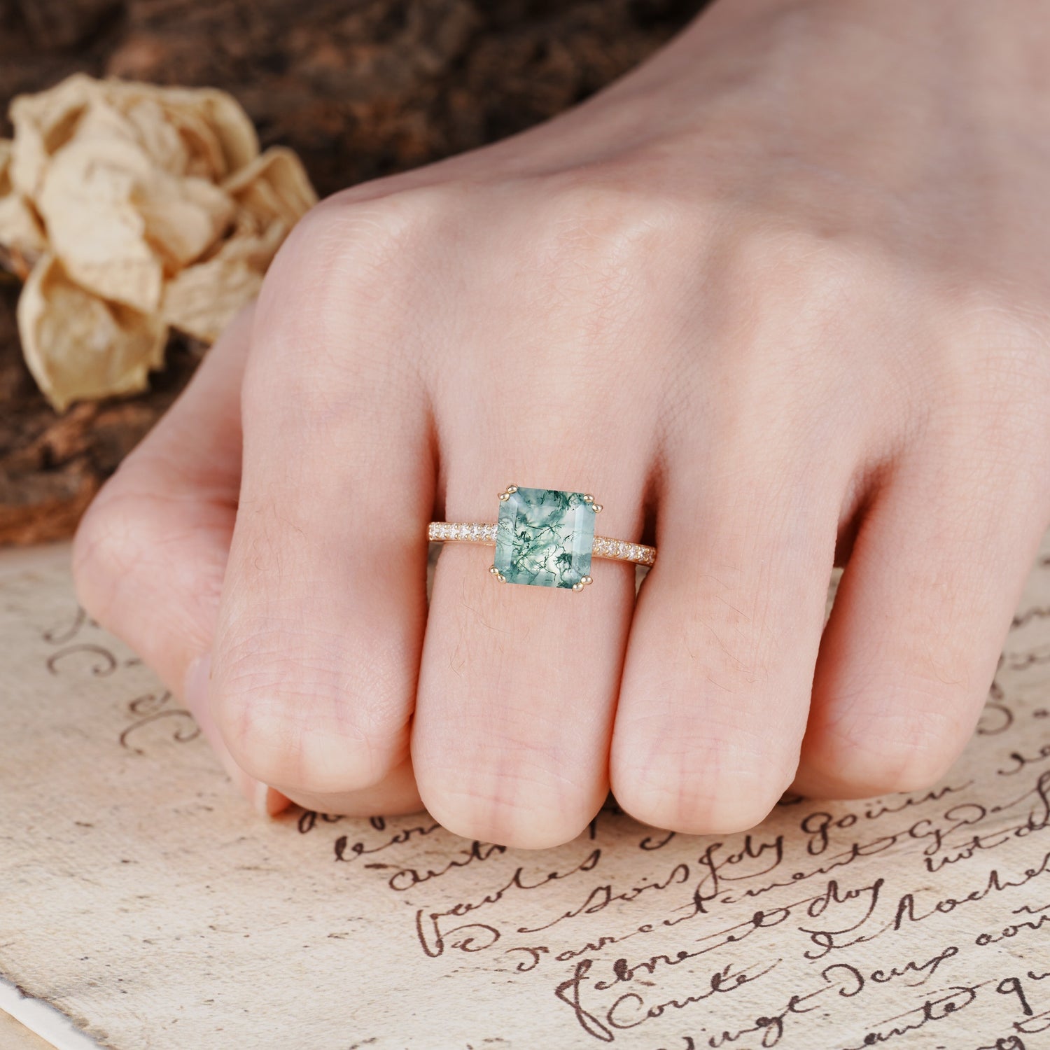 Classic 8-Prong Princess Cut Moss Agate Engagement Ring - Additional view