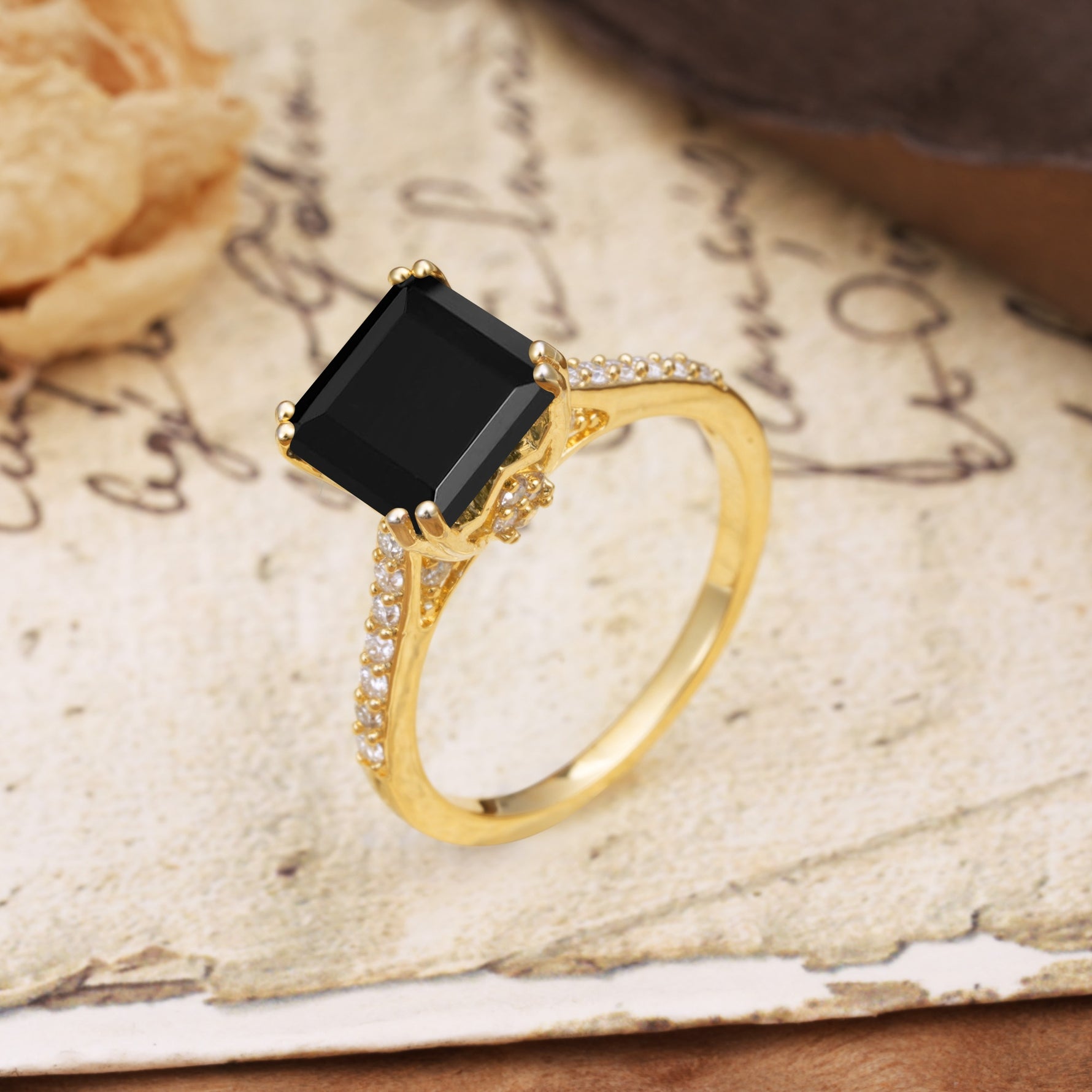 Classic 8-Prong Princess Cut Black Onyx Engagement Ring - Additional view