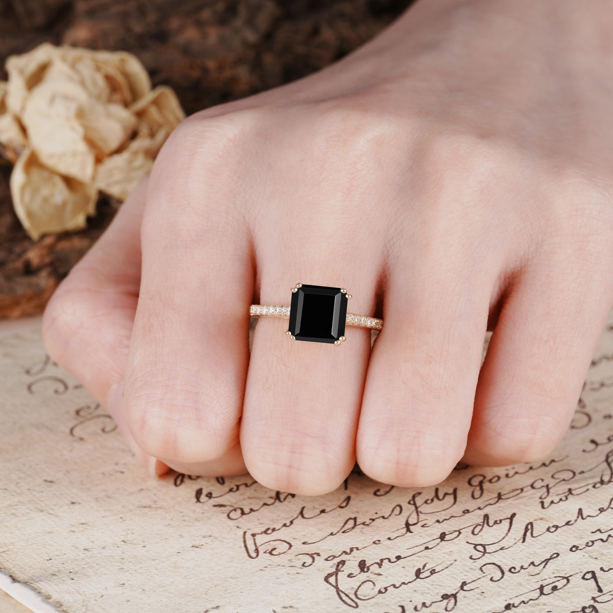 Classic 8-Prong Princess Cut Black Onyx Engagement Ring - Additional view