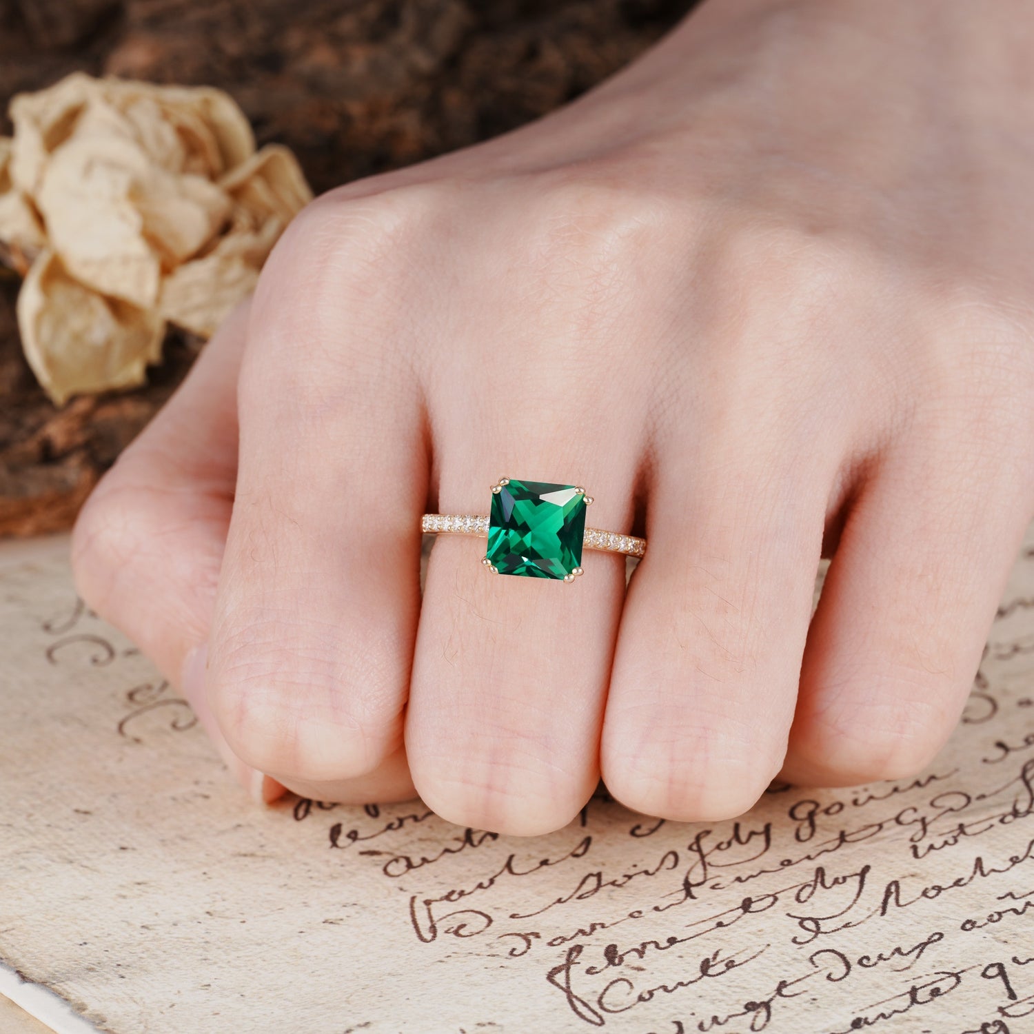 Classic 8-Prong Princess Cut Emerald Engagement Ring - Additional view