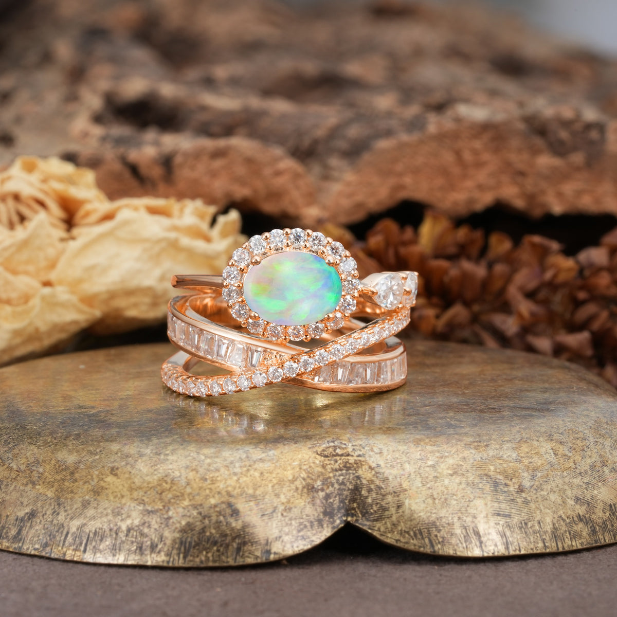 Vintage-Luxury Entwined 4-Prong Oval Cut Fire Opal Engagement Ring - Additional view