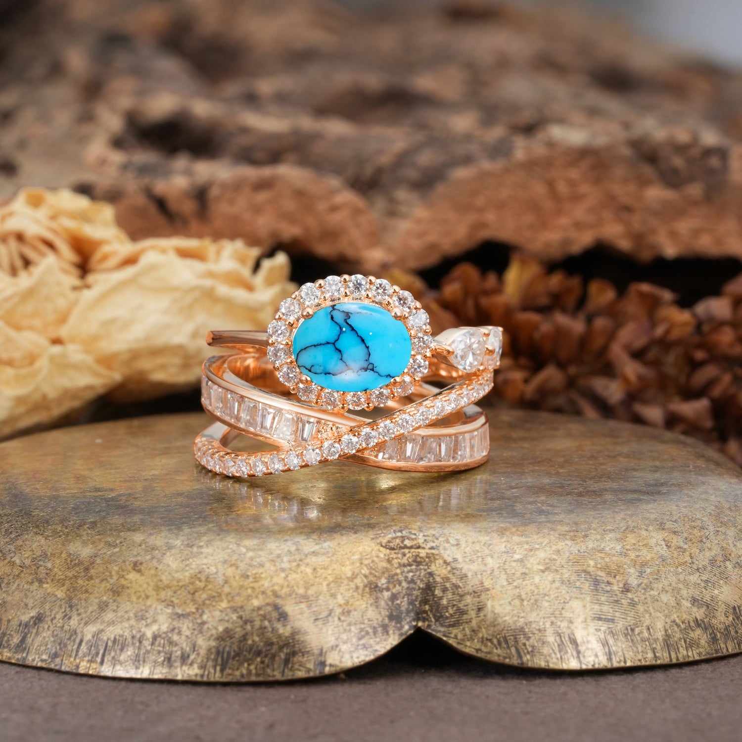 Vintage-Luxury Entwined 4-Prong Oval Cut Turquoise Engagement Ring - Additional view