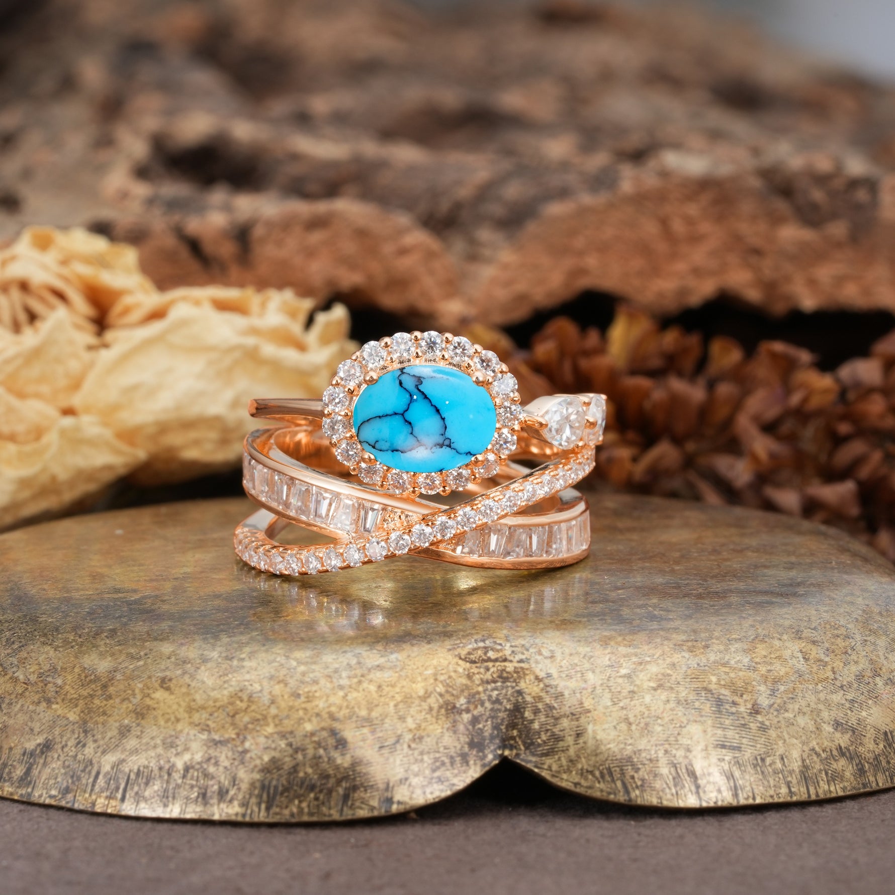 Vintage-Luxury Entwined 4-Prong Oval Cut Turquoise Engagement Ring - Additional view