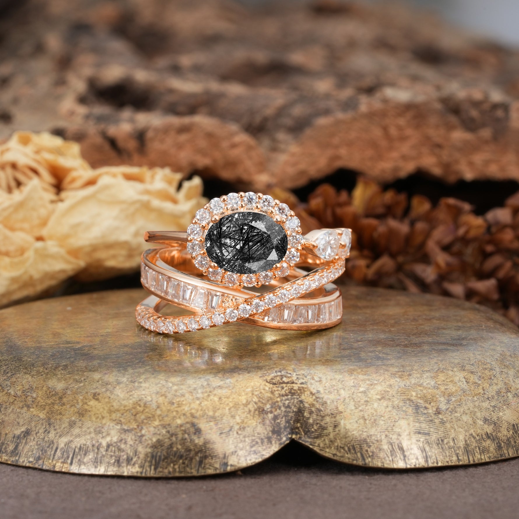 Vintage-Luxury Entwined 4-Prong Oval Cut Black Rutilated Quartz Engagement Ring - Additional view