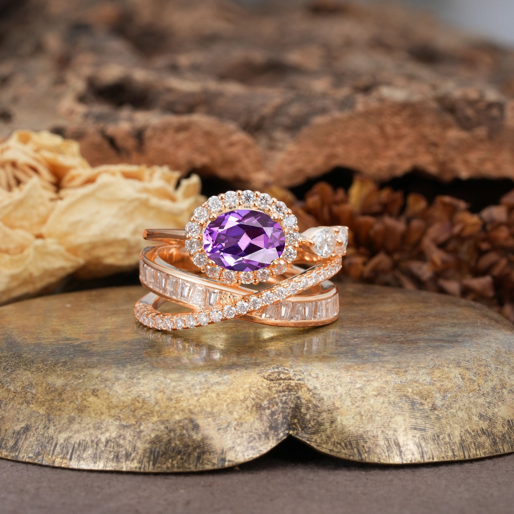 Vintage-Luxury Entwined 4-Prong Oval Cut Amethyst Engagement Ring - Additional view