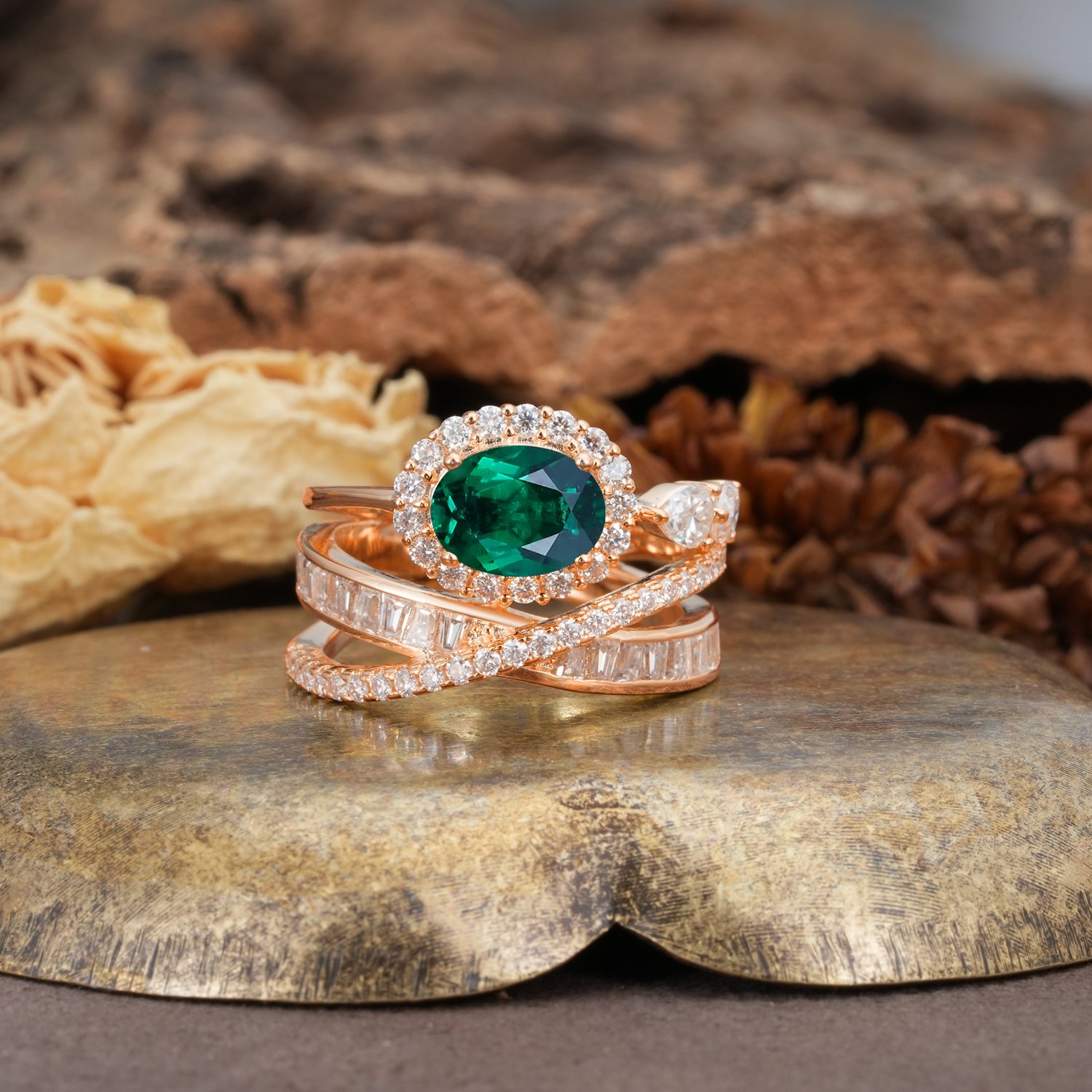 Vintage-Luxury Entwined 4-Prong Oval Cut Emerald Engagement Ring - Additional view