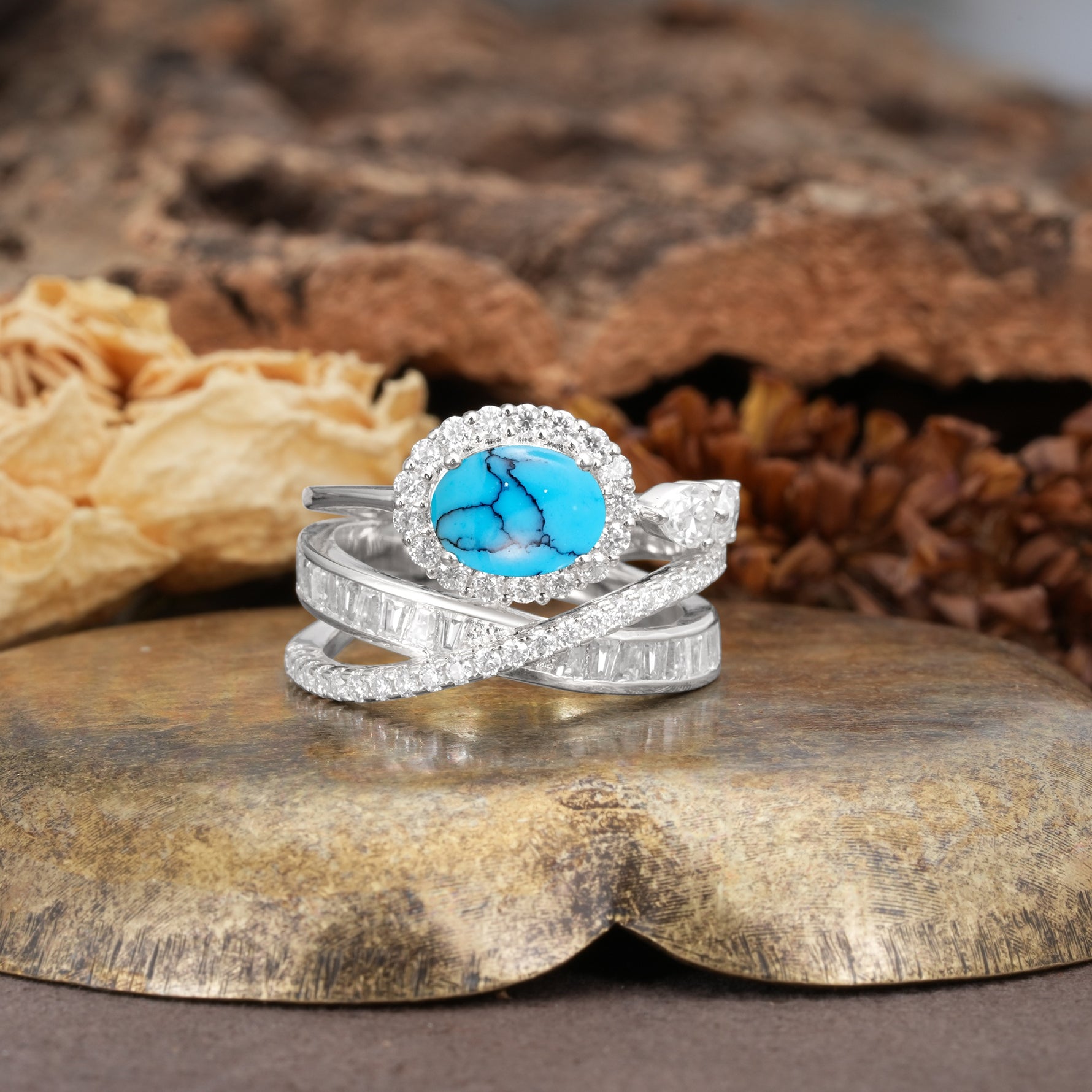 Vintage-Luxury Entwined 4-Prong Oval Cut Turquoise Engagement Ring - Additional view