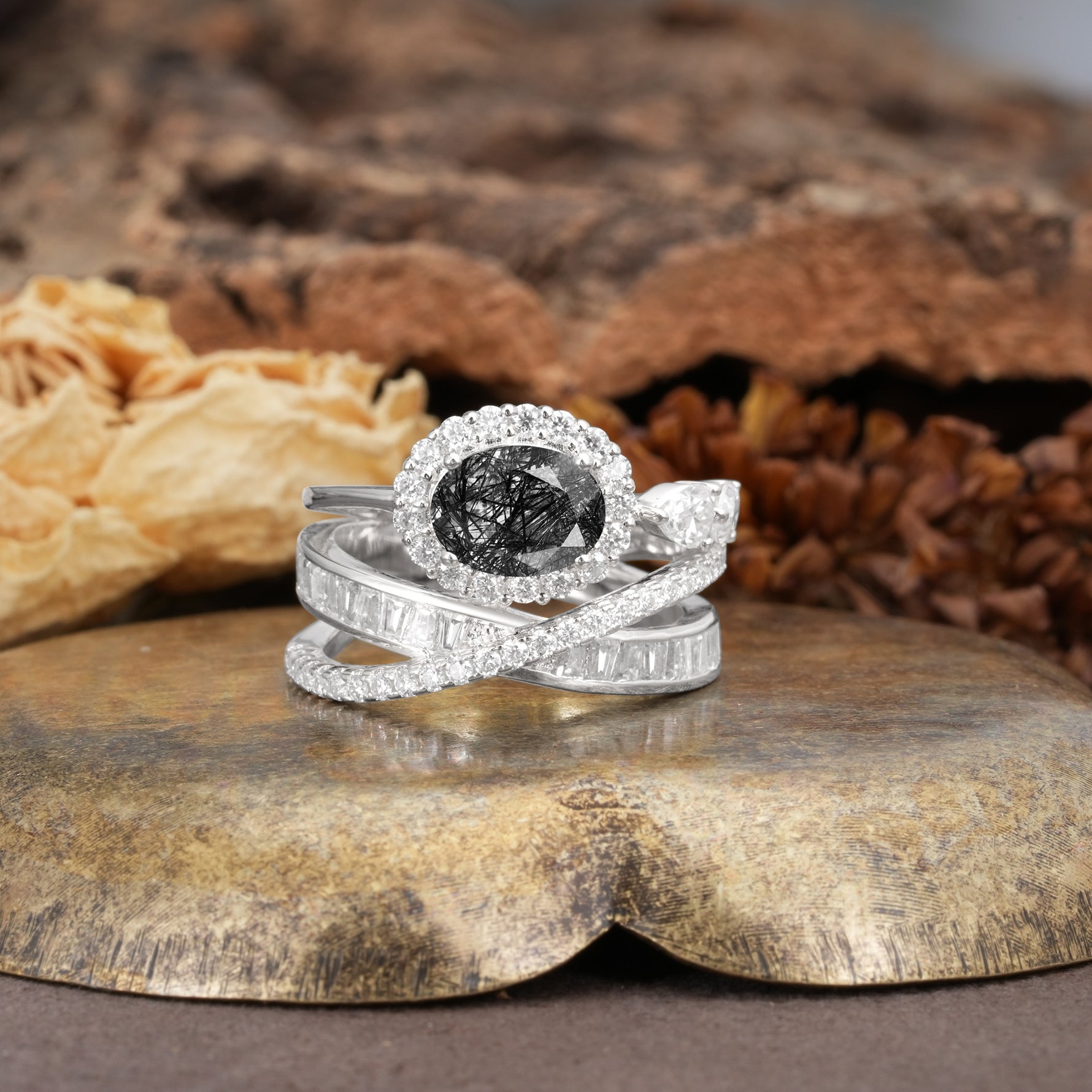 Vintage-Luxury Entwined 4-Prong Oval Cut Black Rutilated Quartz Engagement Ring - Additional view