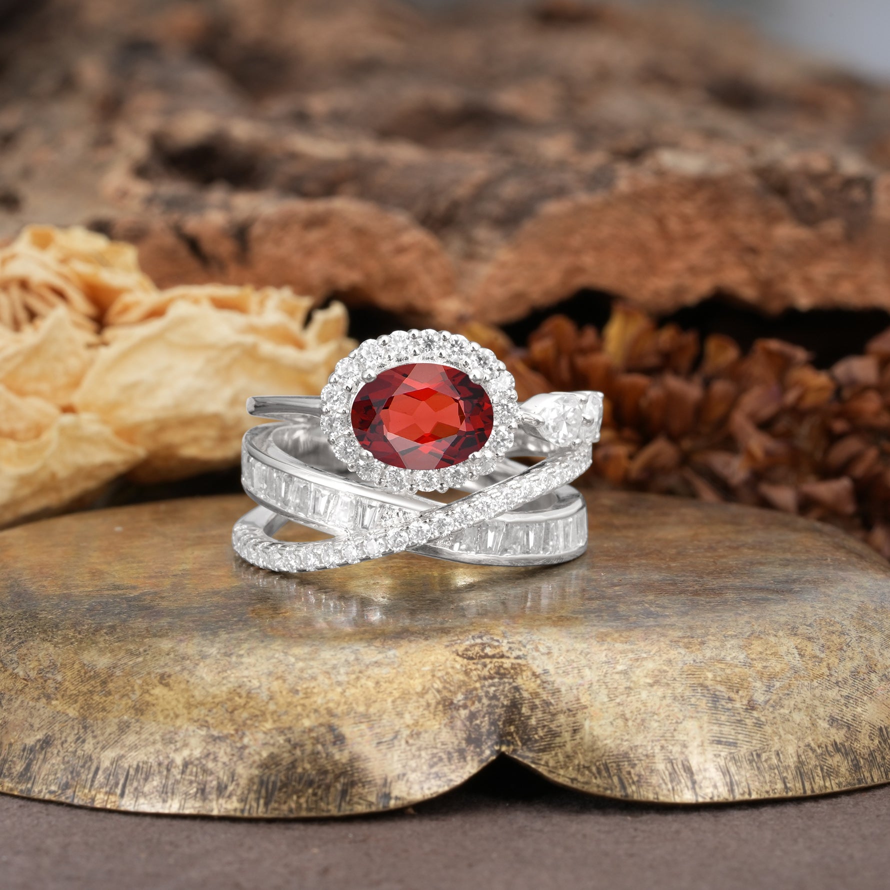 Vintage-Luxury Entwined 4-Prong Oval Cut Garnet Engagement Ring - Additional view